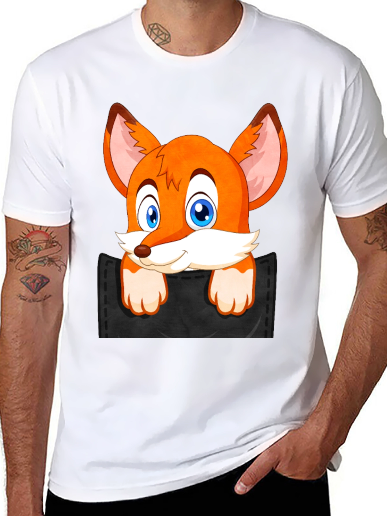 Fox in Pocket Black T-Shirt Cartoon Animal Tee