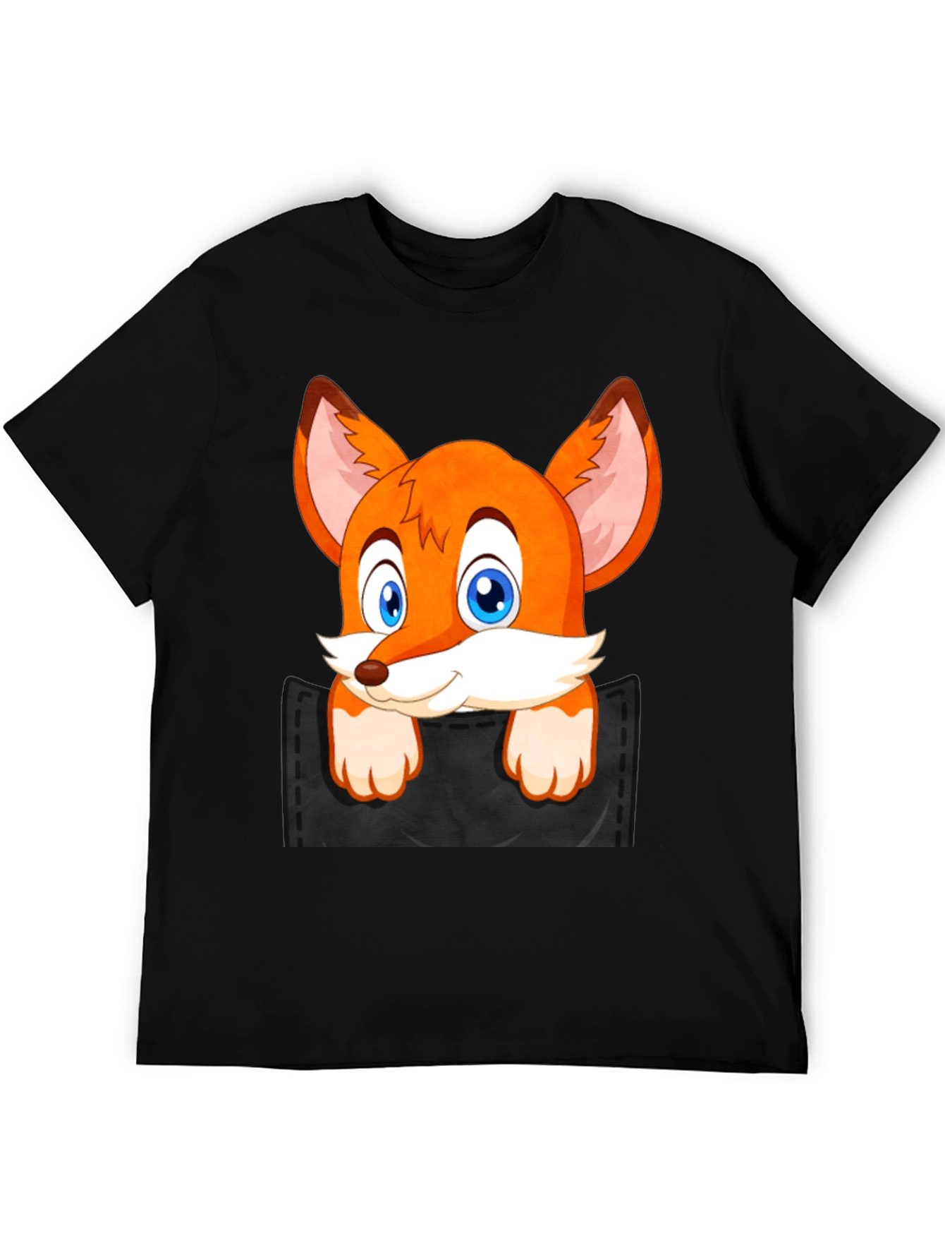 Fox in Pocket Black T-Shirt Cartoon Animal Tee