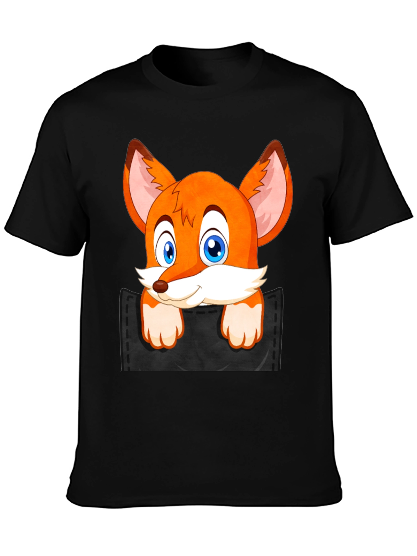 Fox in Pocket Black T-Shirt Cartoon Animal Tee