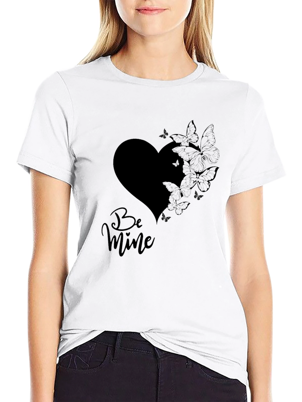 Be Mine Heart & Butterfly Black T-Shirt