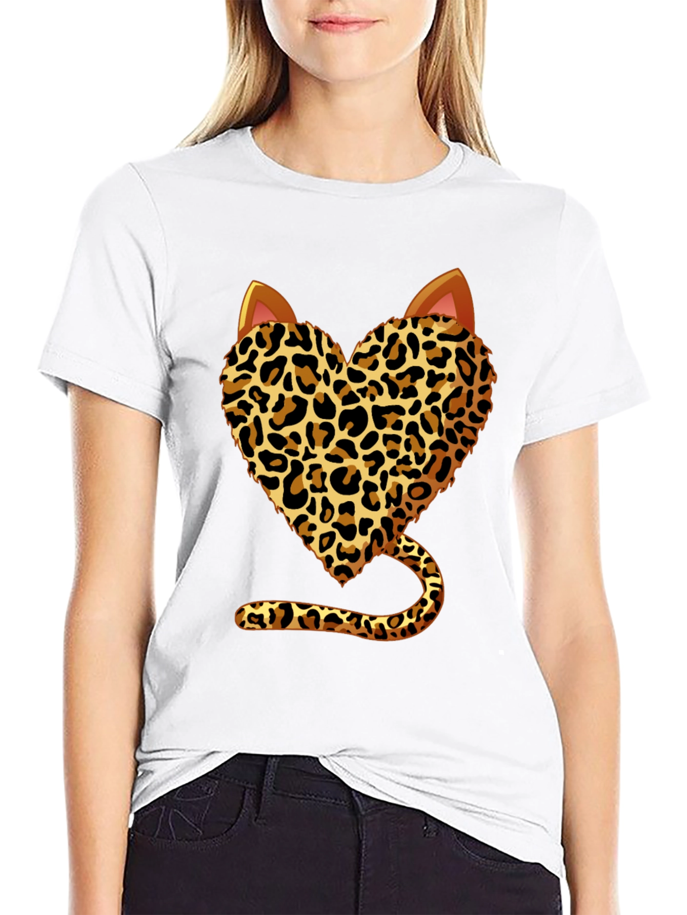 Leopard Heart Cat T-Shirt - Stylish Animal Print Tee