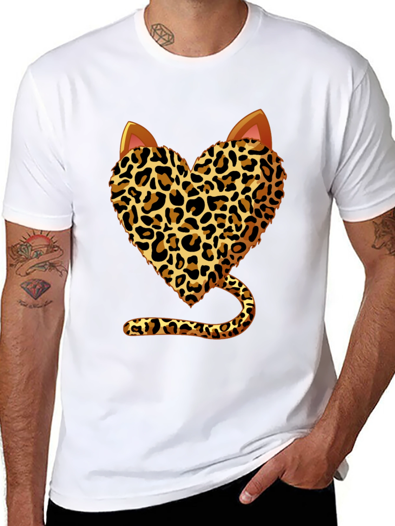 Leopard Heart Cat T-Shirt - Stylish Animal Print Tee