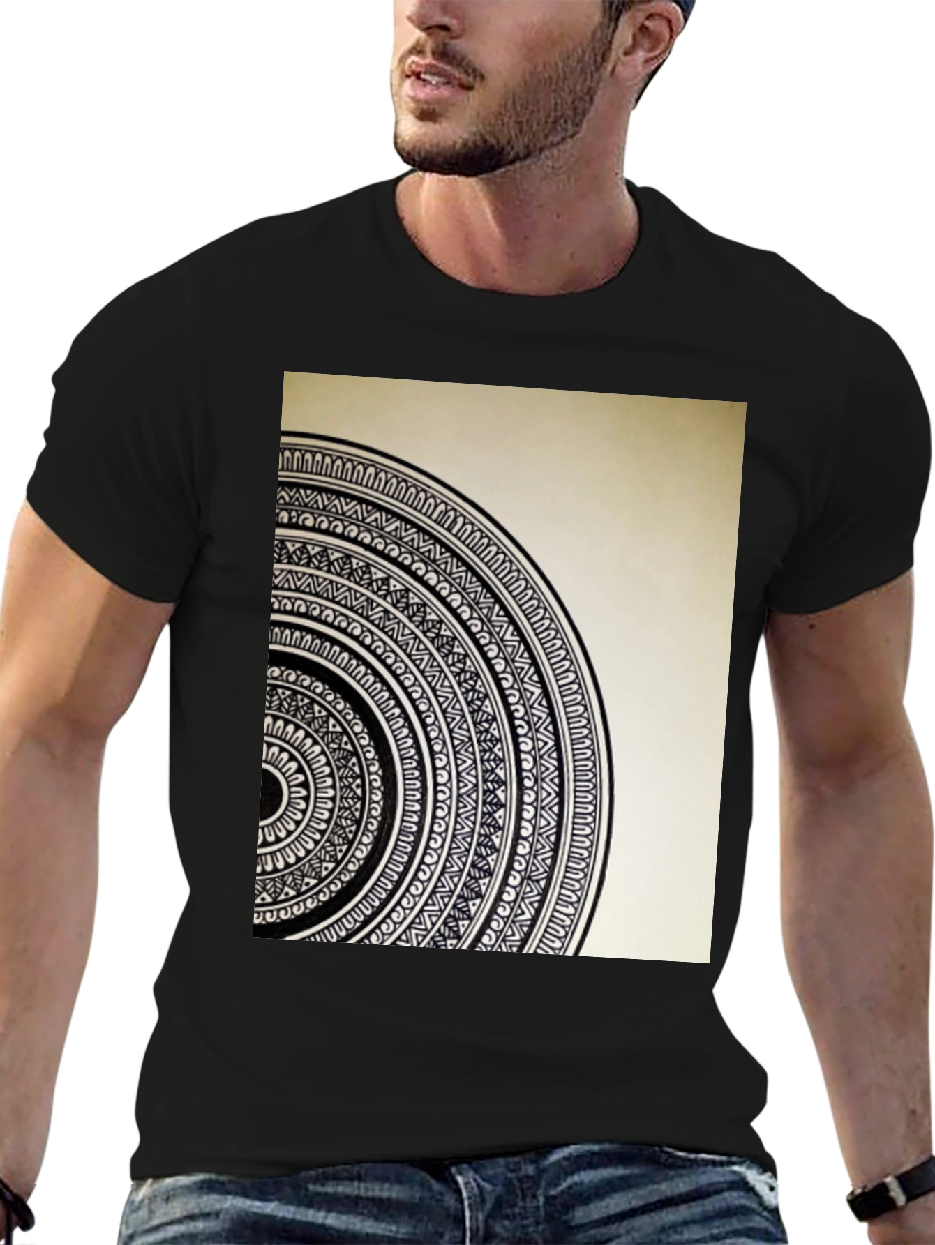 Geometric Mandala Graphic Tee - Stylish Black Cotton T-Shirt