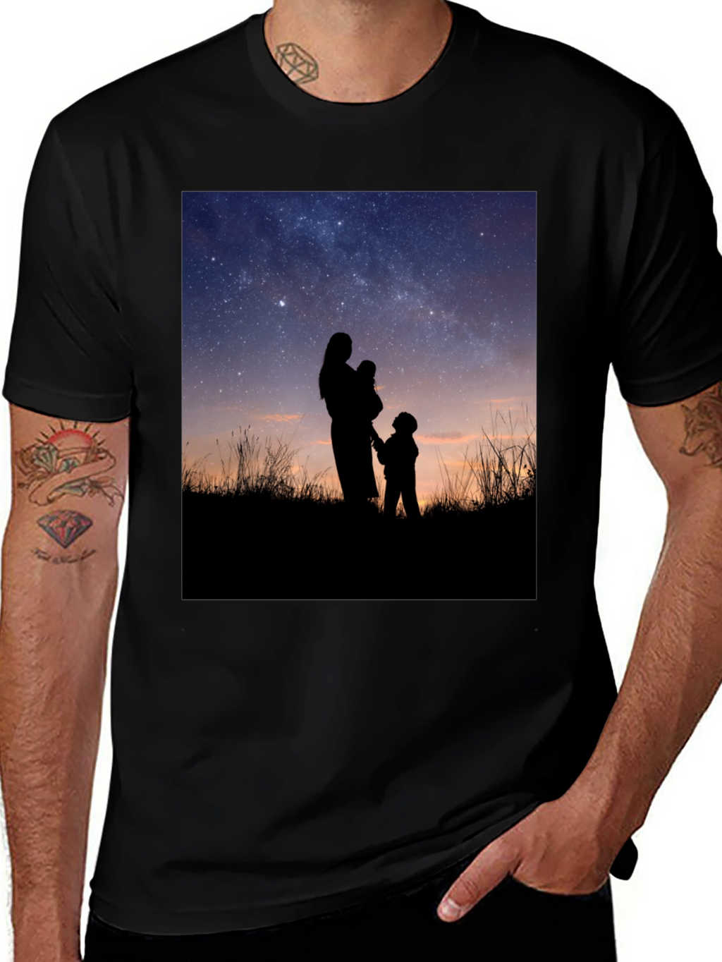 Silhouette Family Stargazing Black T-Shirt