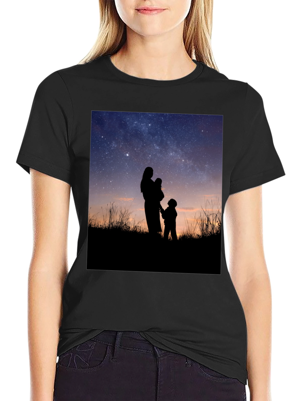 Silhouette Family Stargazing Black T-Shirt