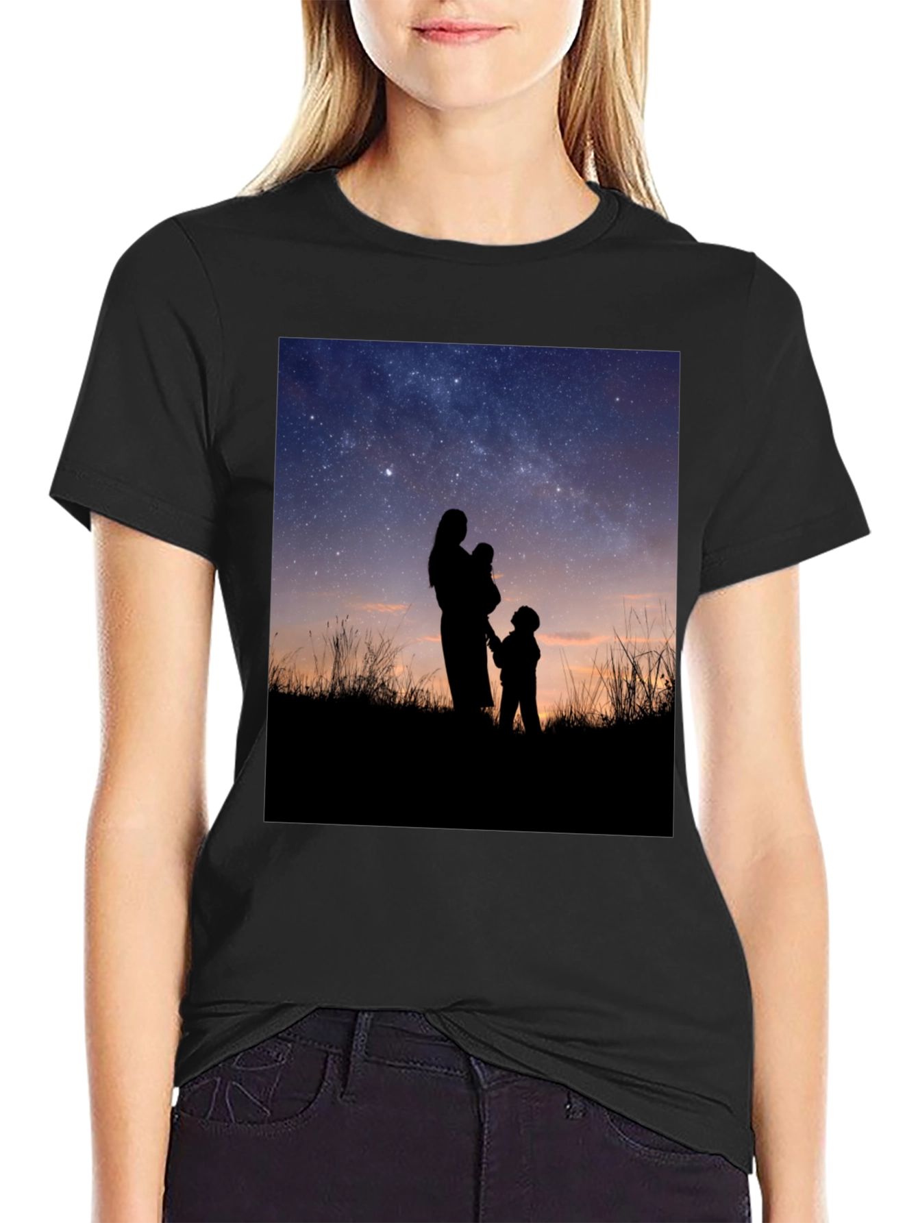 Silhouette Family Stargazing Black T-Shirt