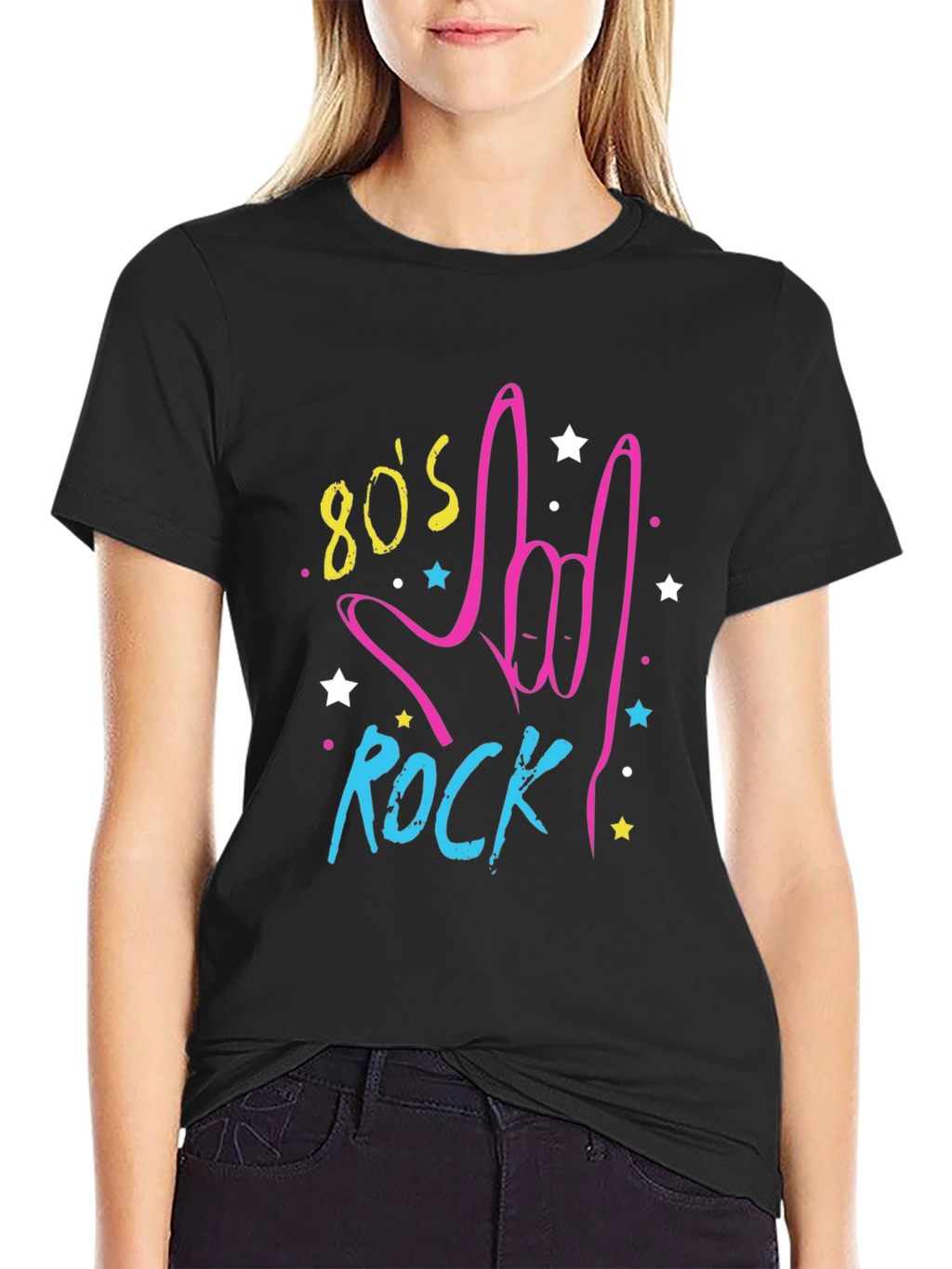 80s Rock Graphic Print Black T-Shirt