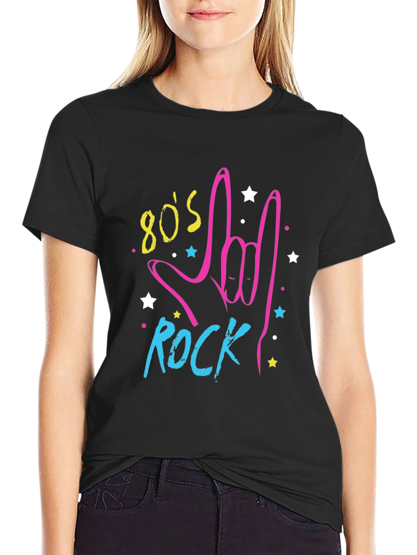 80s Rock Graphic Print Black T-Shirt