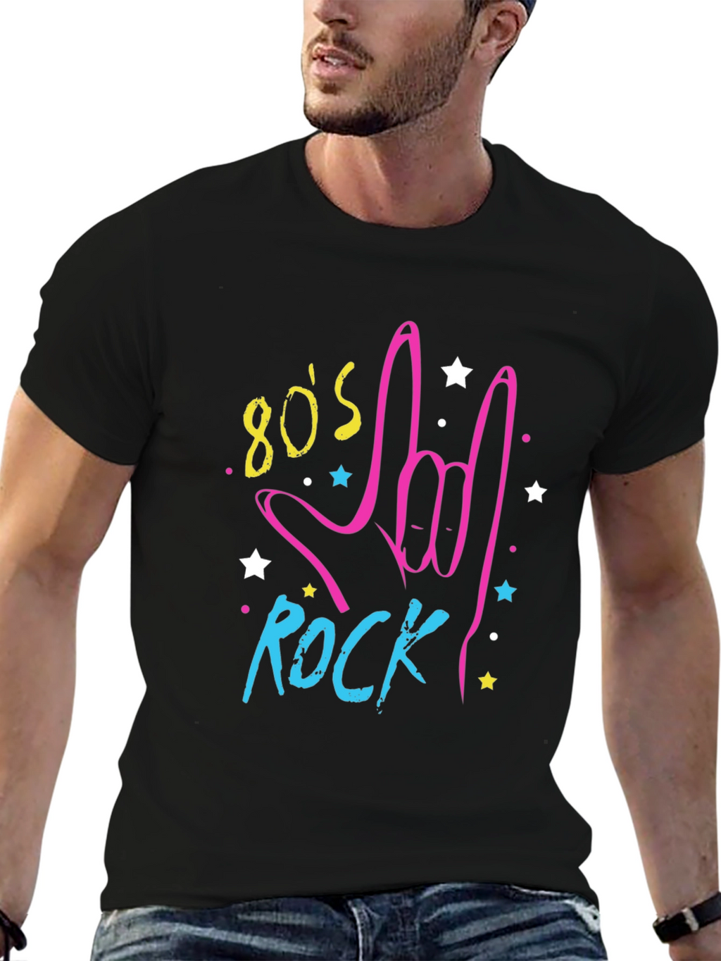 80s Rock Graphic Print Black T-Shirt