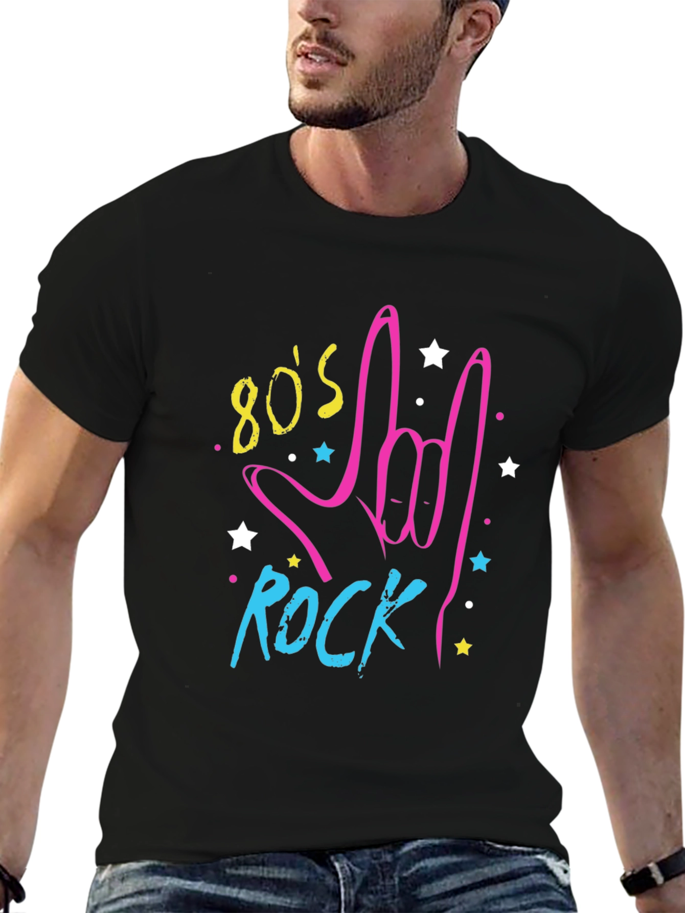 80s Rock Graphic Print Black T-Shirt