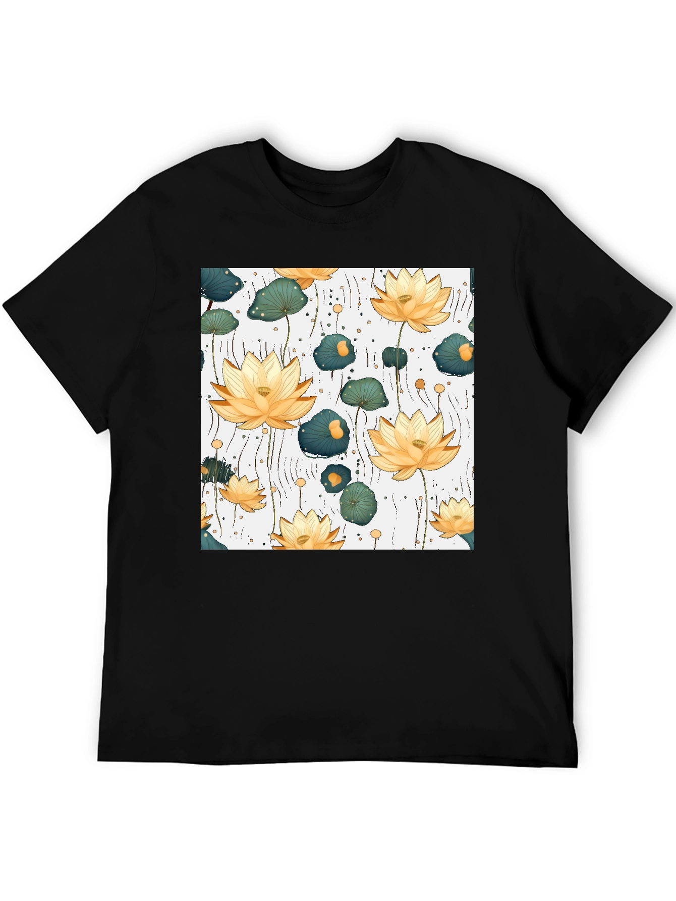 Lotus Flower Print Black T-Shirt