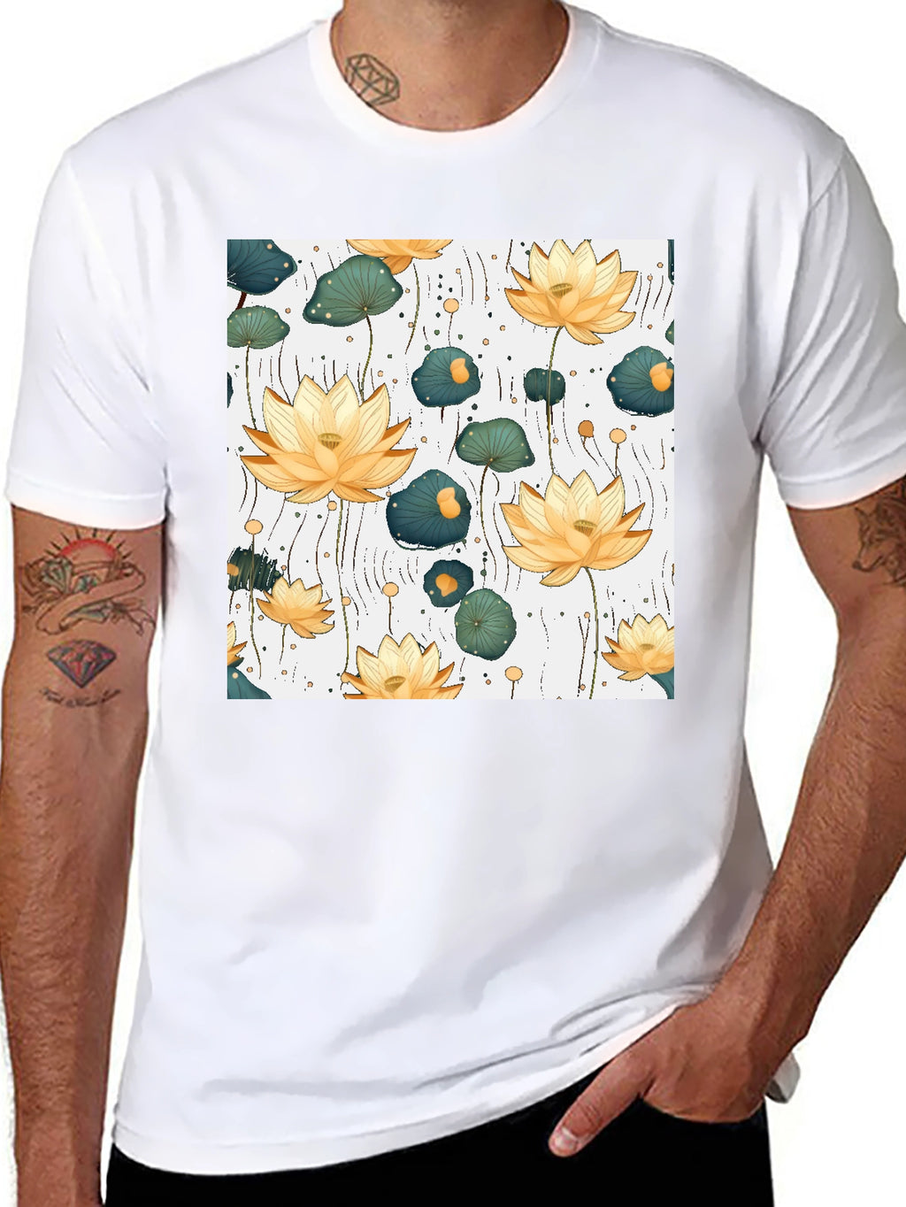 Lotus Flower Print Black T-Shirt