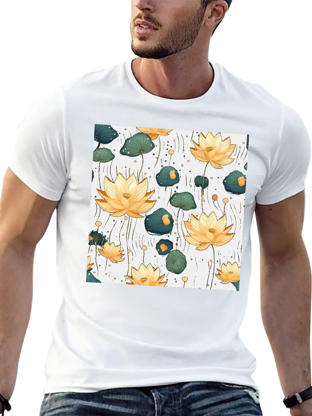 Lotus Flower Print Black T-Shirt