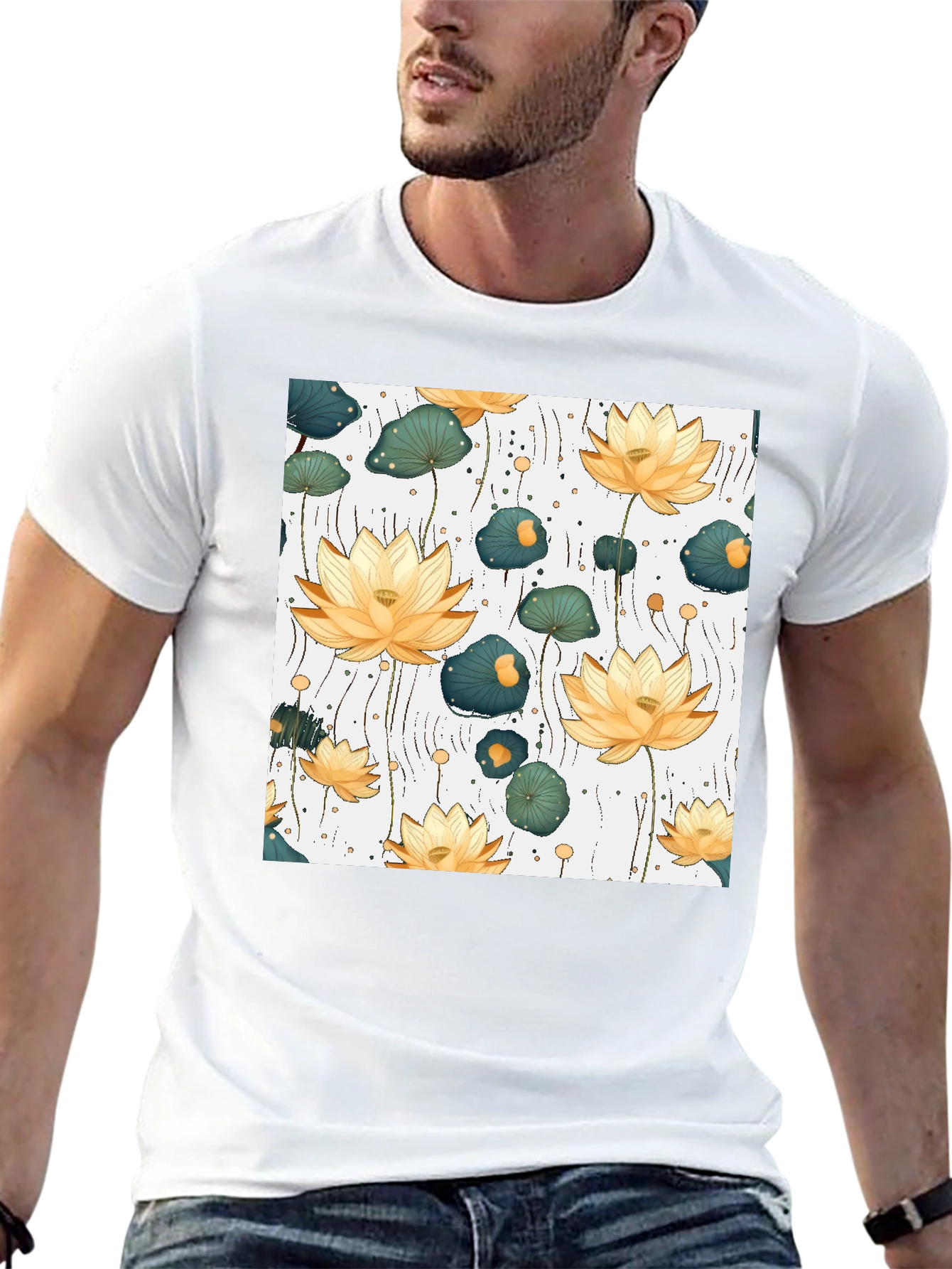 Lotus Flower Print Black T-Shirt