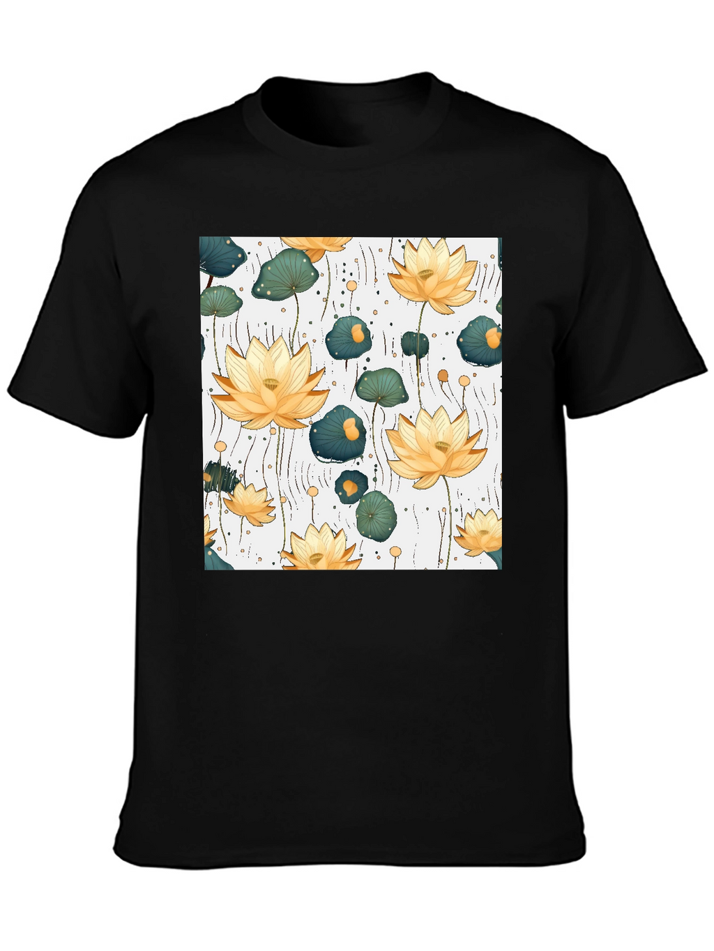 Lotus Flower Print Black T-Shirt