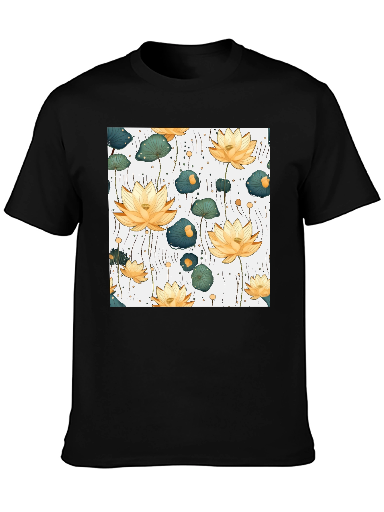 Lotus Flower Print Black T-Shirt