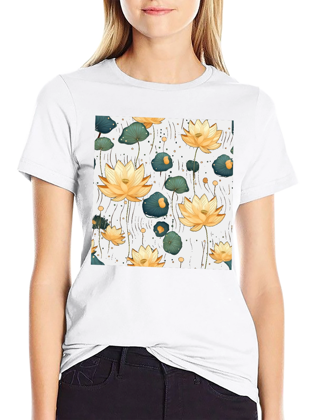 Lotus Flower Print Black T-Shirt