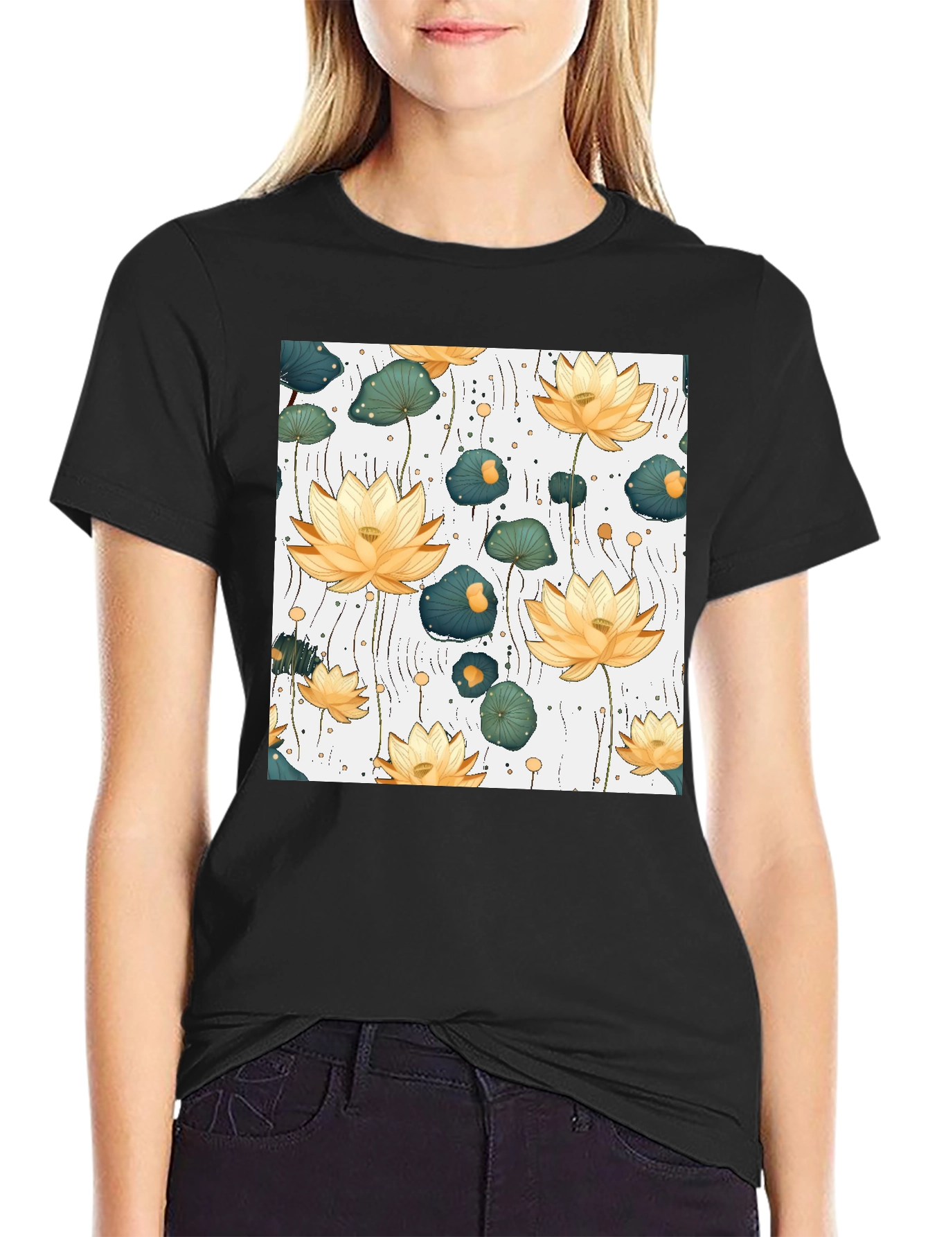 Lotus Flower Print Black T-Shirt