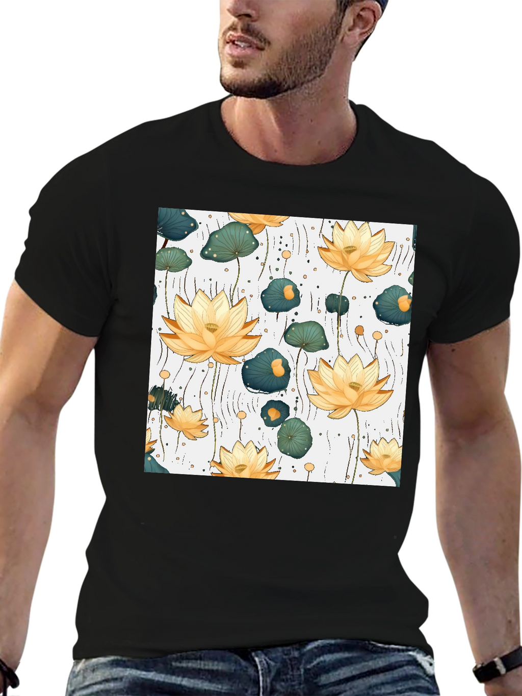 Lotus Flower Print Black T-Shirt