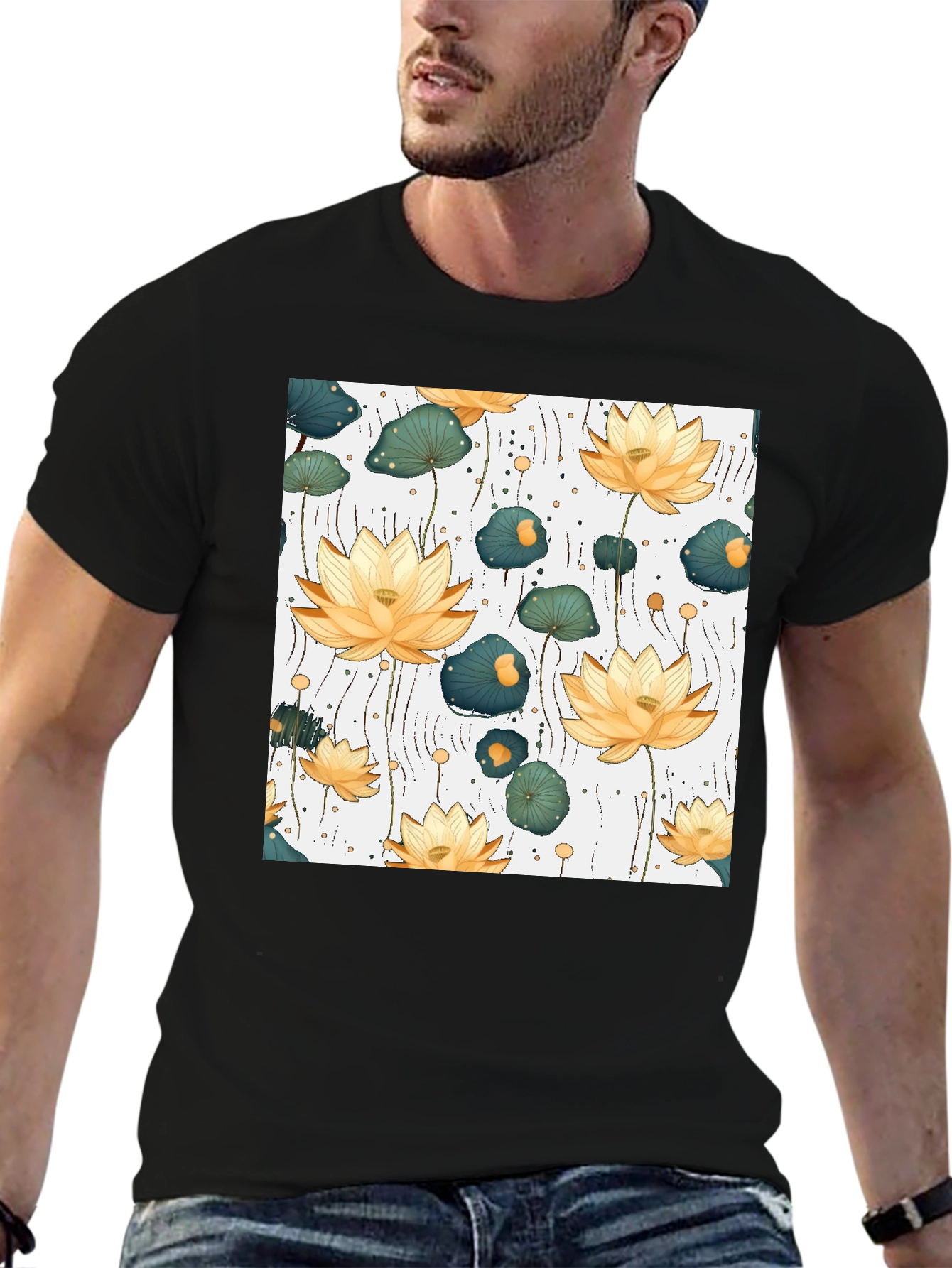Lotus Flower Print Black T-Shirt
