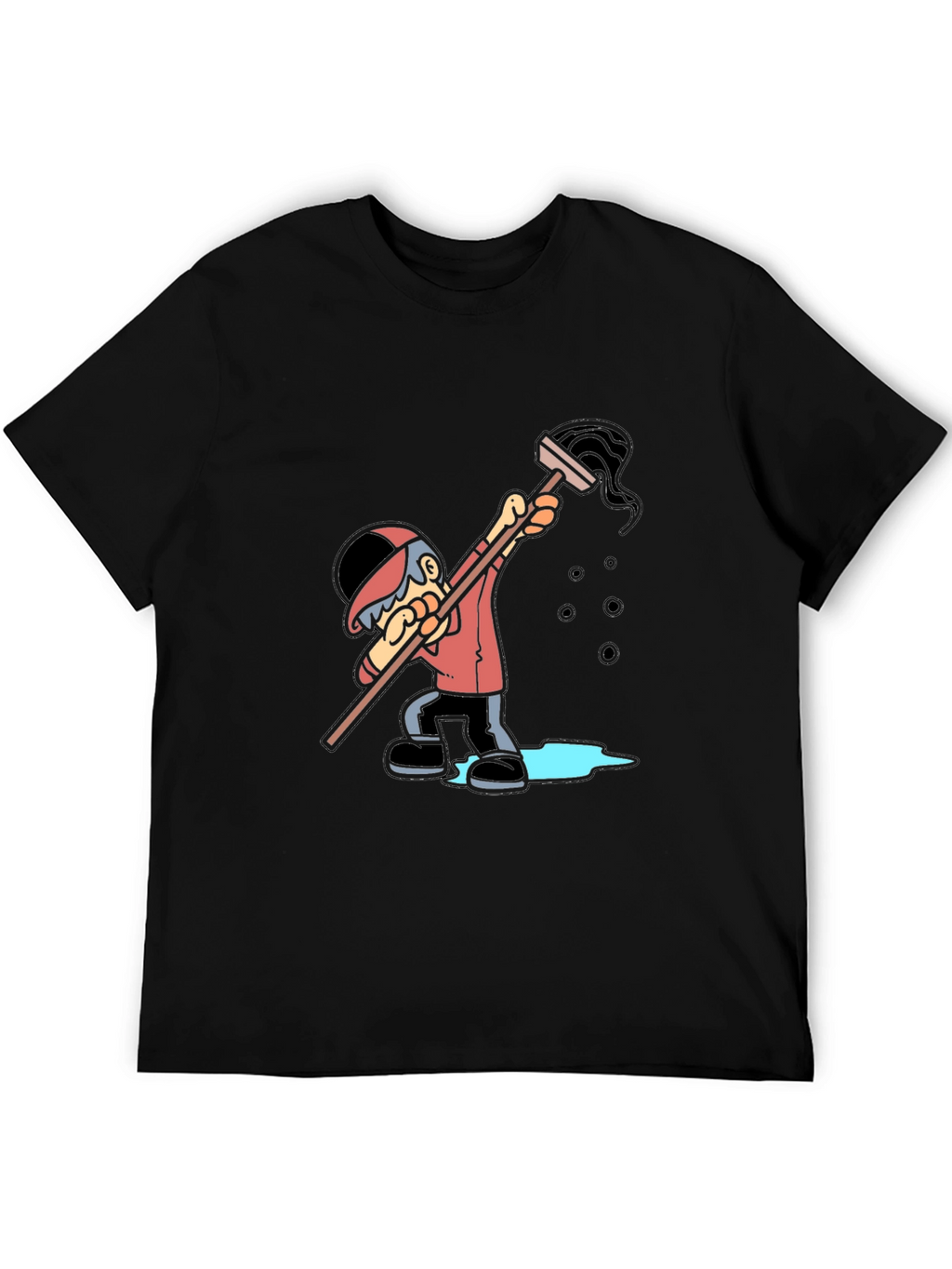 Cartoon Janitor Graphic T-Shirt - Black Cotton Blend