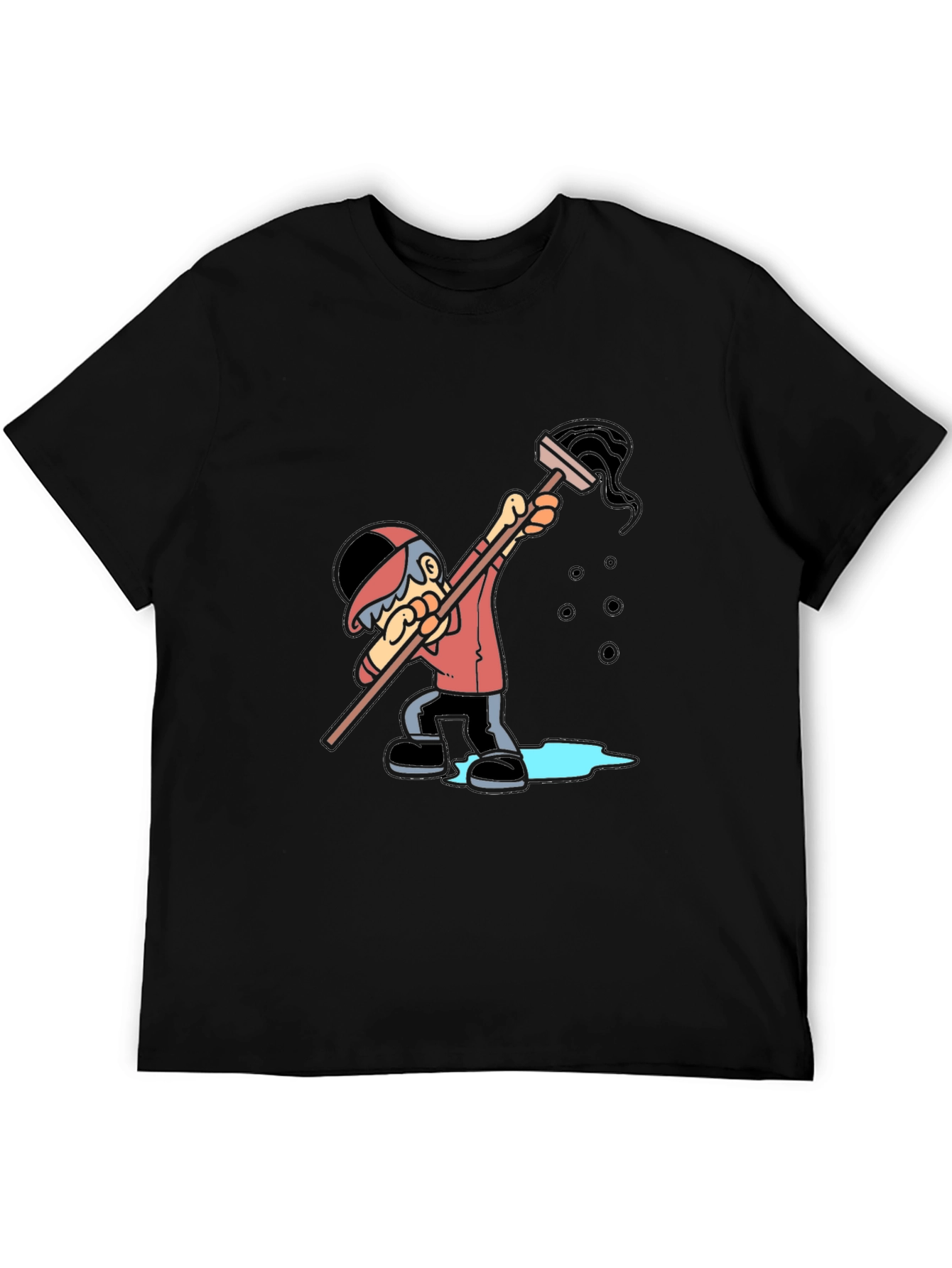 Cartoon Janitor Graphic T-Shirt - Black Cotton Blend