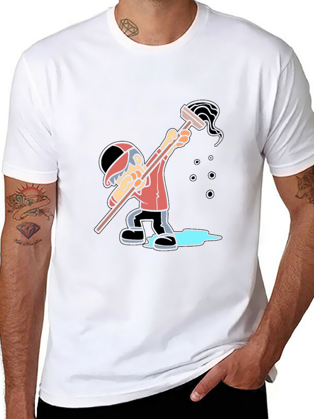 Cartoon Janitor Graphic T-Shirt - Black Cotton Blend