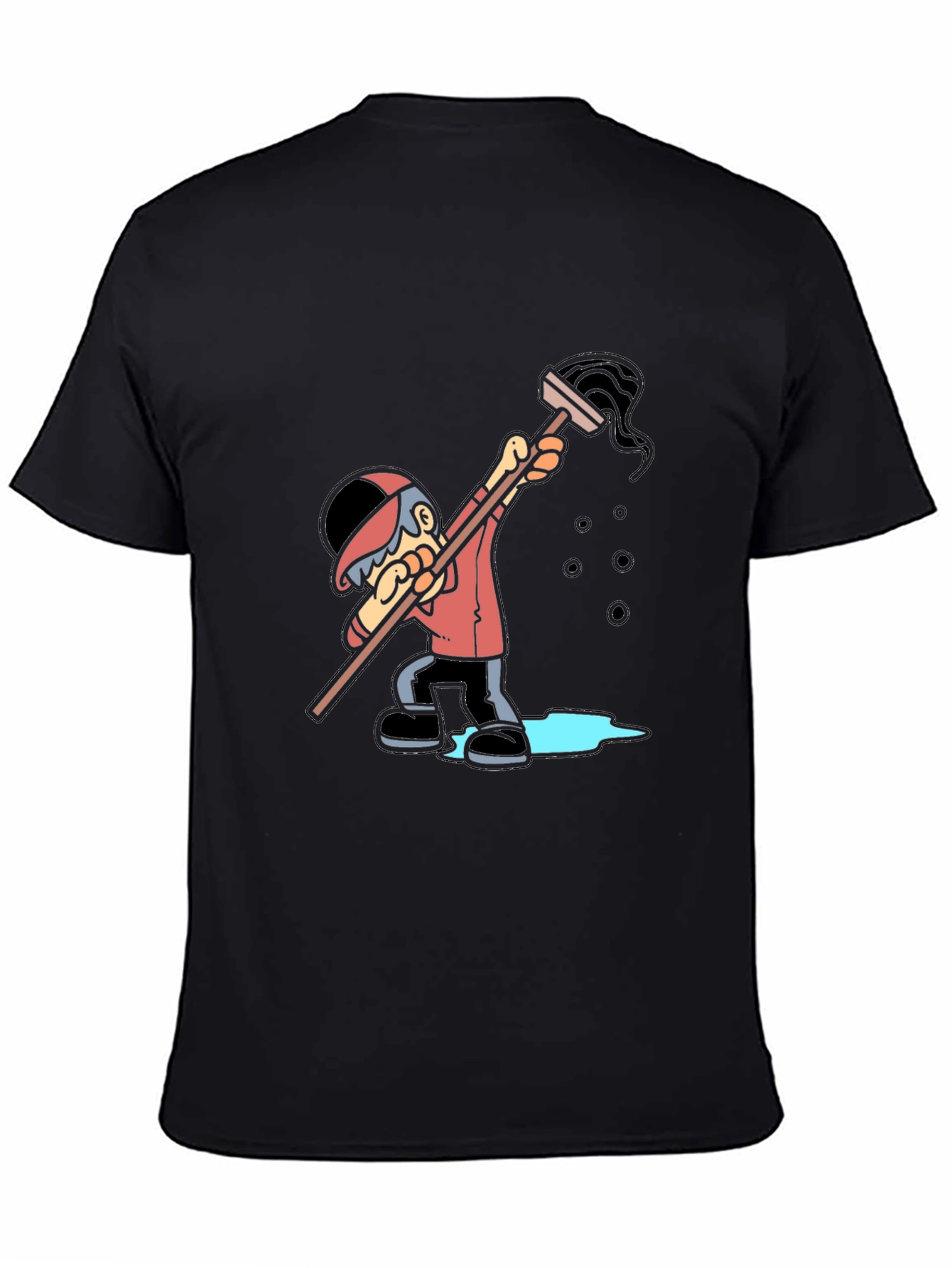 Cartoon Janitor Graphic T-Shirt - Black Cotton Blend