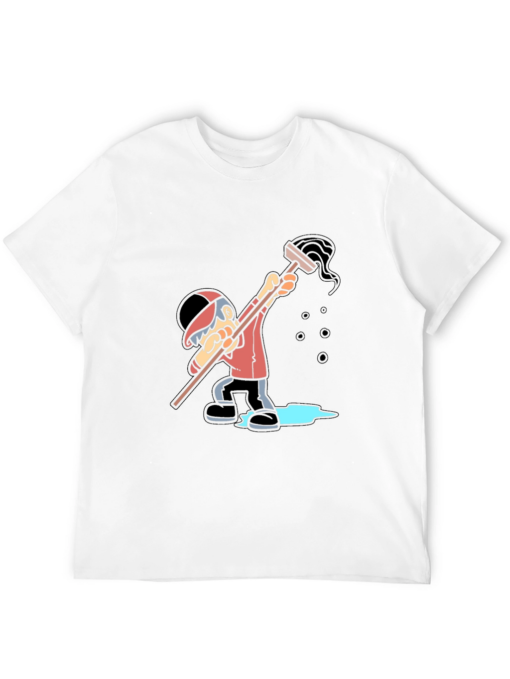 Cartoon Janitor Graphic T-Shirt - Black Cotton Blend