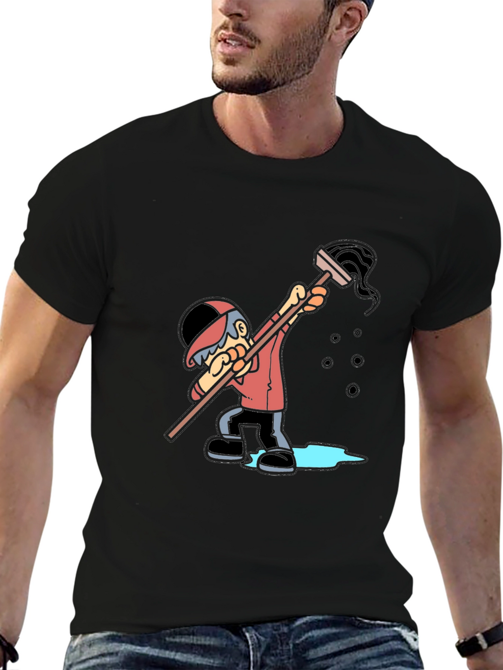 Cartoon Janitor Graphic T-Shirt - Black Cotton Blend