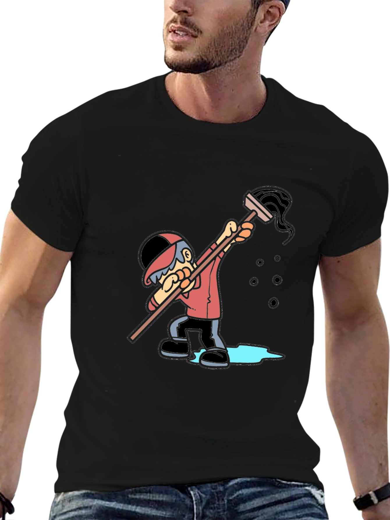 Cartoon Janitor Graphic T-Shirt - Black Cotton Blend