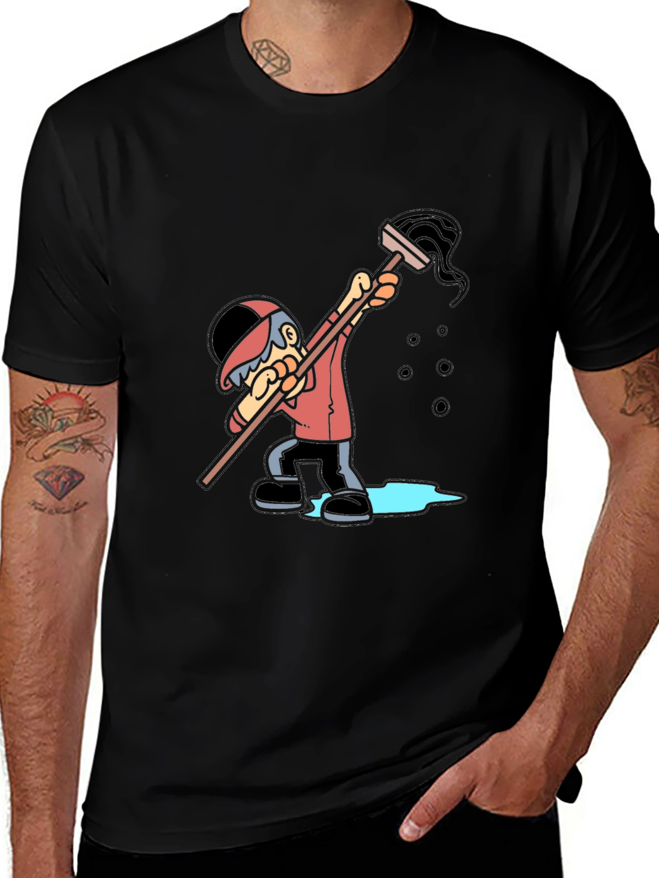 Cartoon Janitor Graphic T-Shirt - Black Cotton Blend