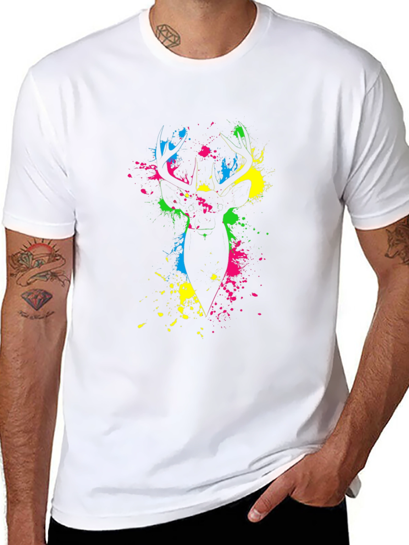 Vibrant Deer Splatter Print Black T-Shirt
