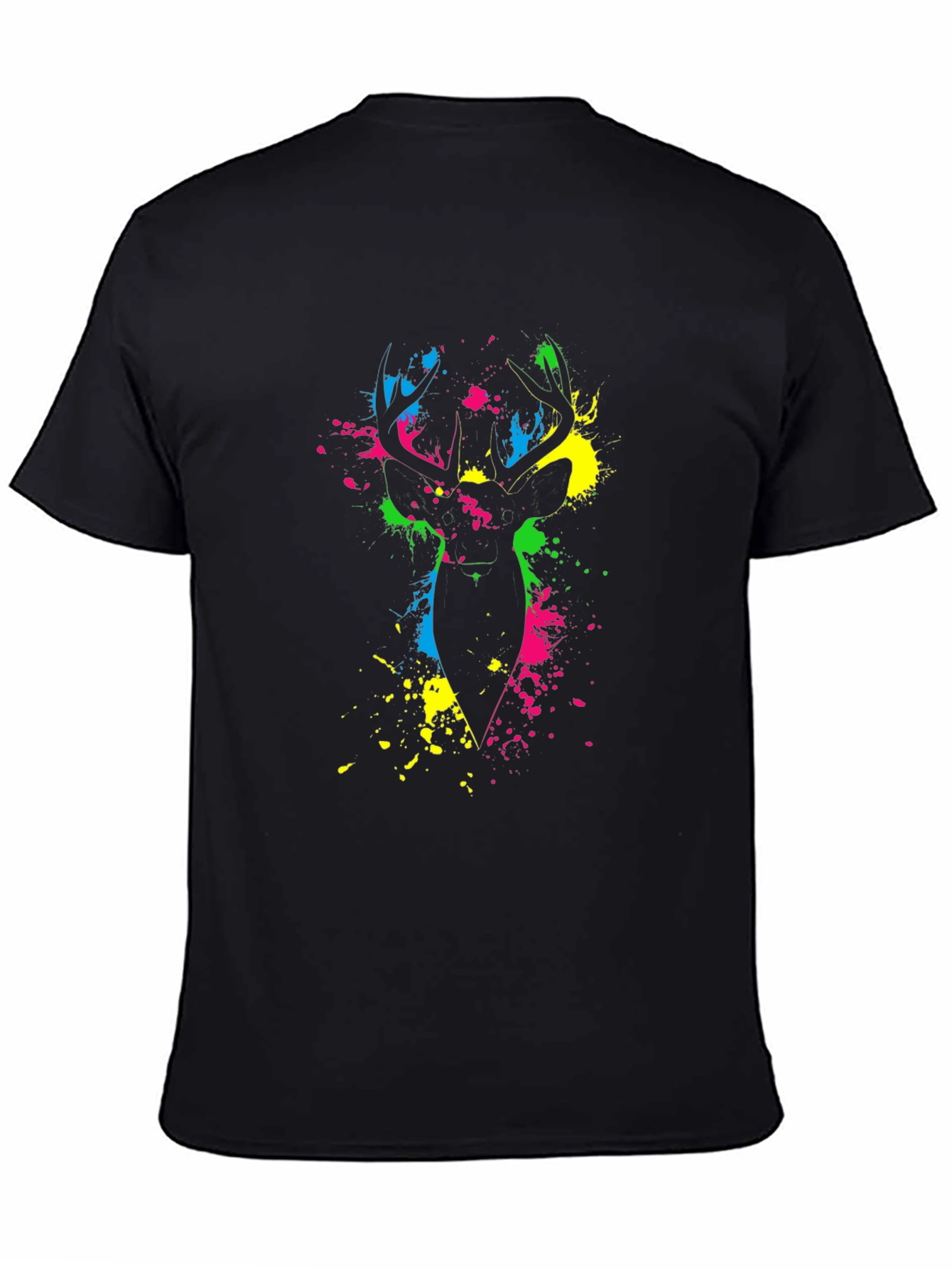 Vibrant Deer Splatter Print Black T-Shirt