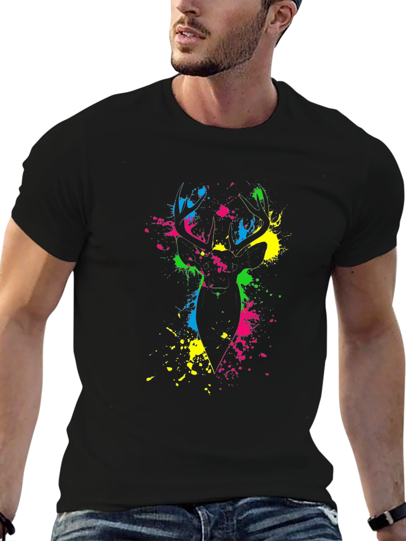 Vibrant Deer Splatter Print Black T-Shirt