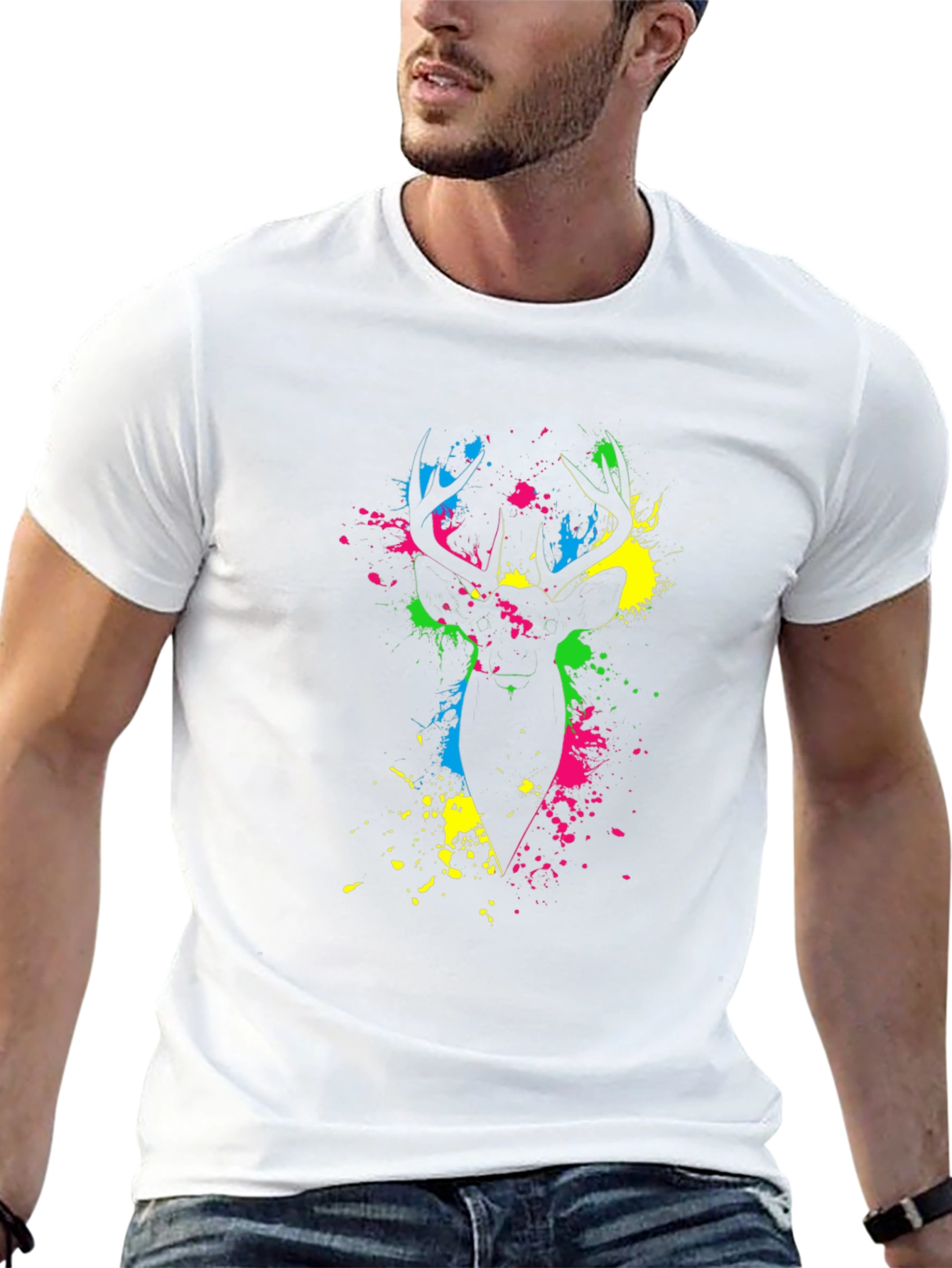 Vibrant Deer Splatter Print Black T-Shirt