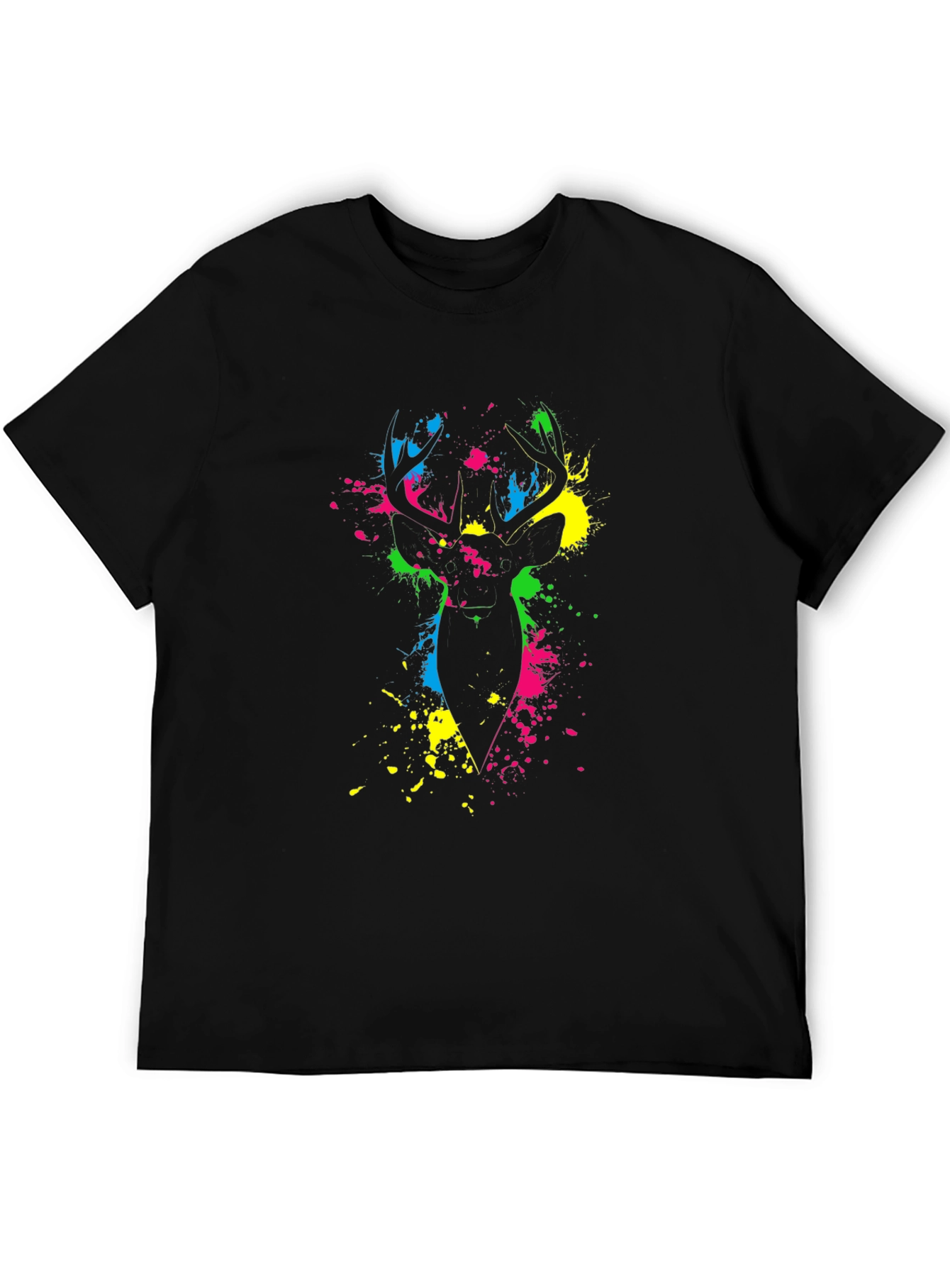 Vibrant Deer Splatter Print Black T-Shirt