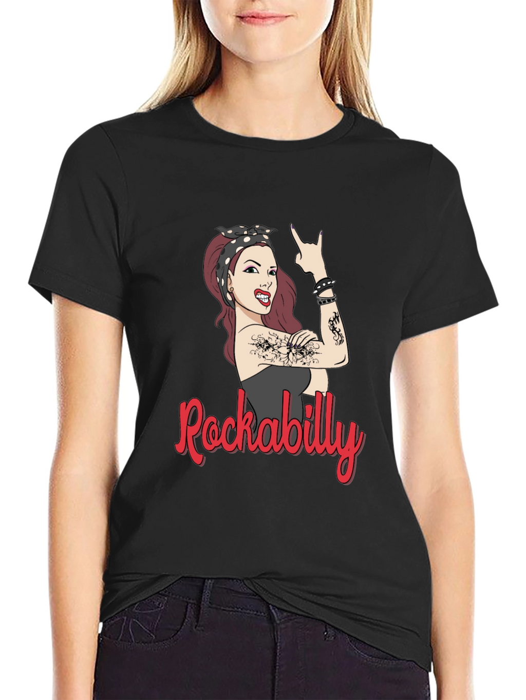 Rockabilly Woman Graphic T-Shirt - Black