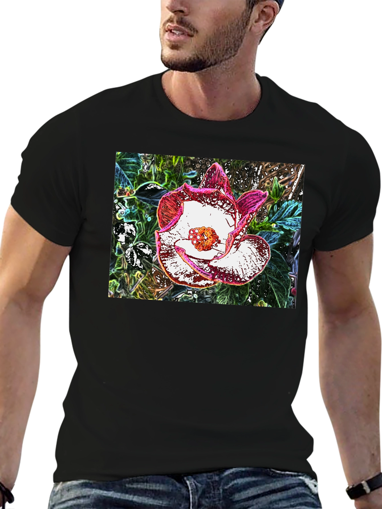 Floral Graphic Black T-Shirt - Artistic Flower Print