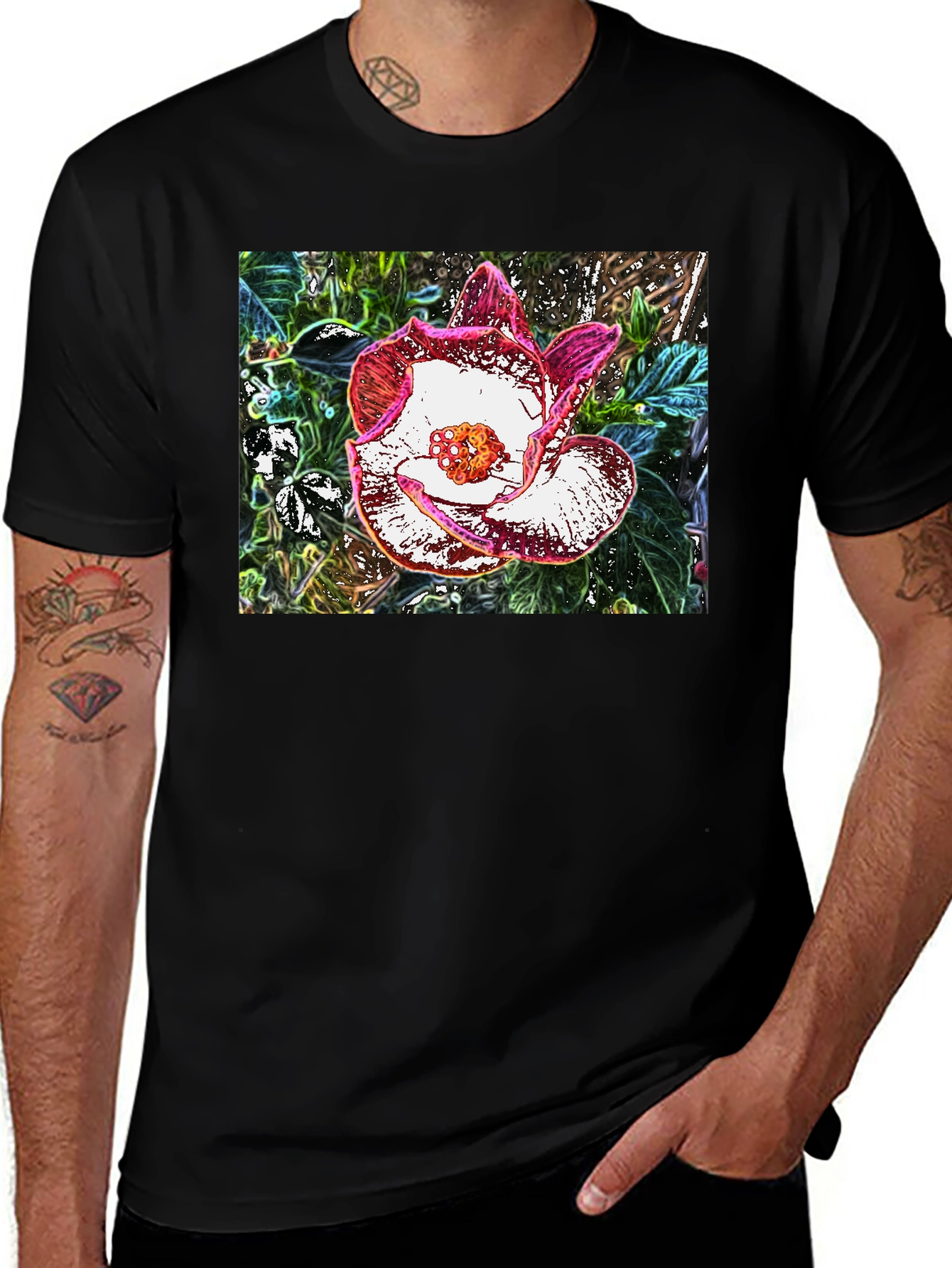 Floral Graphic Black T-Shirt - Artistic Flower Print