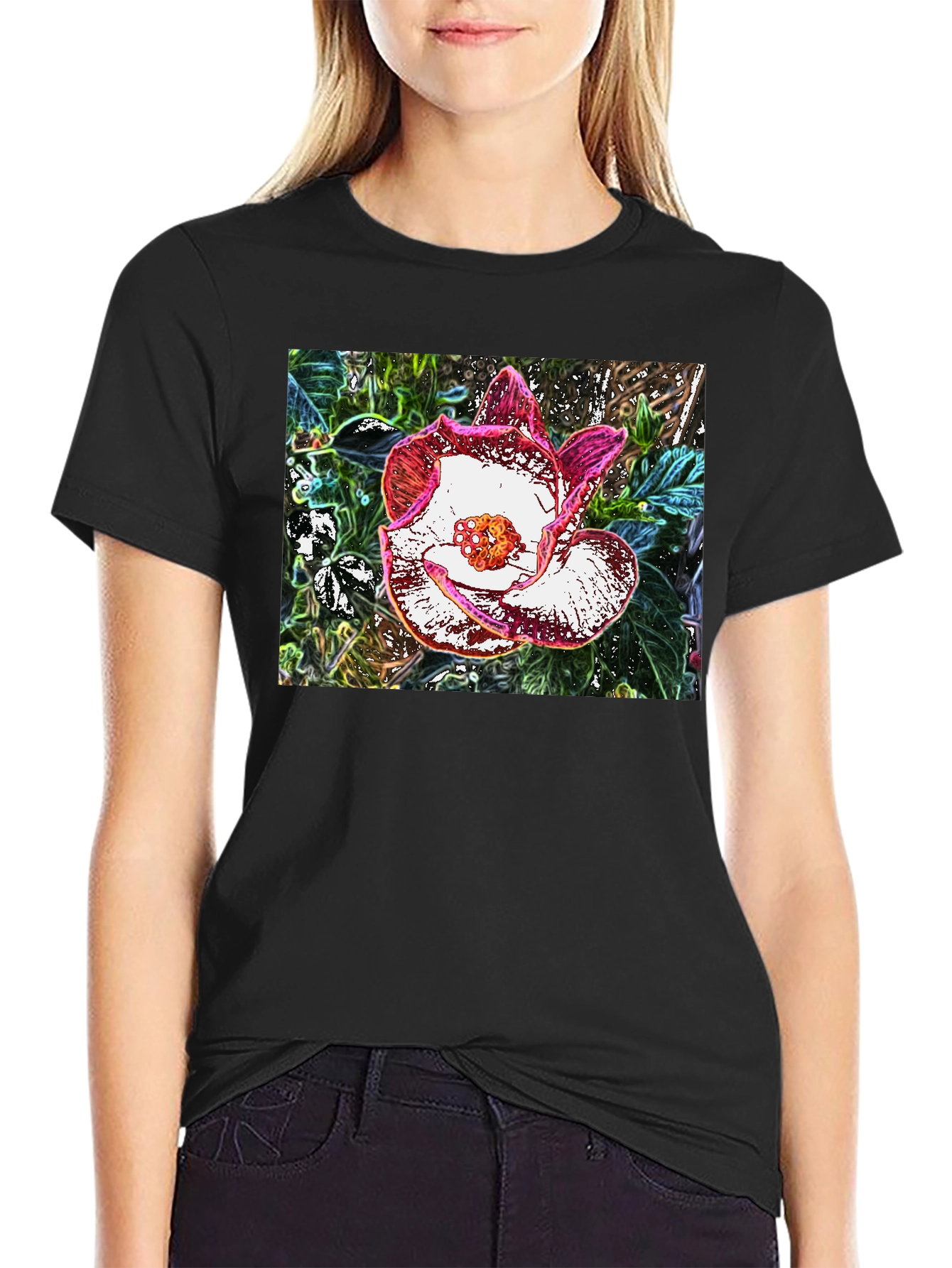 Floral Graphic Black T-Shirt - Artistic Flower Print