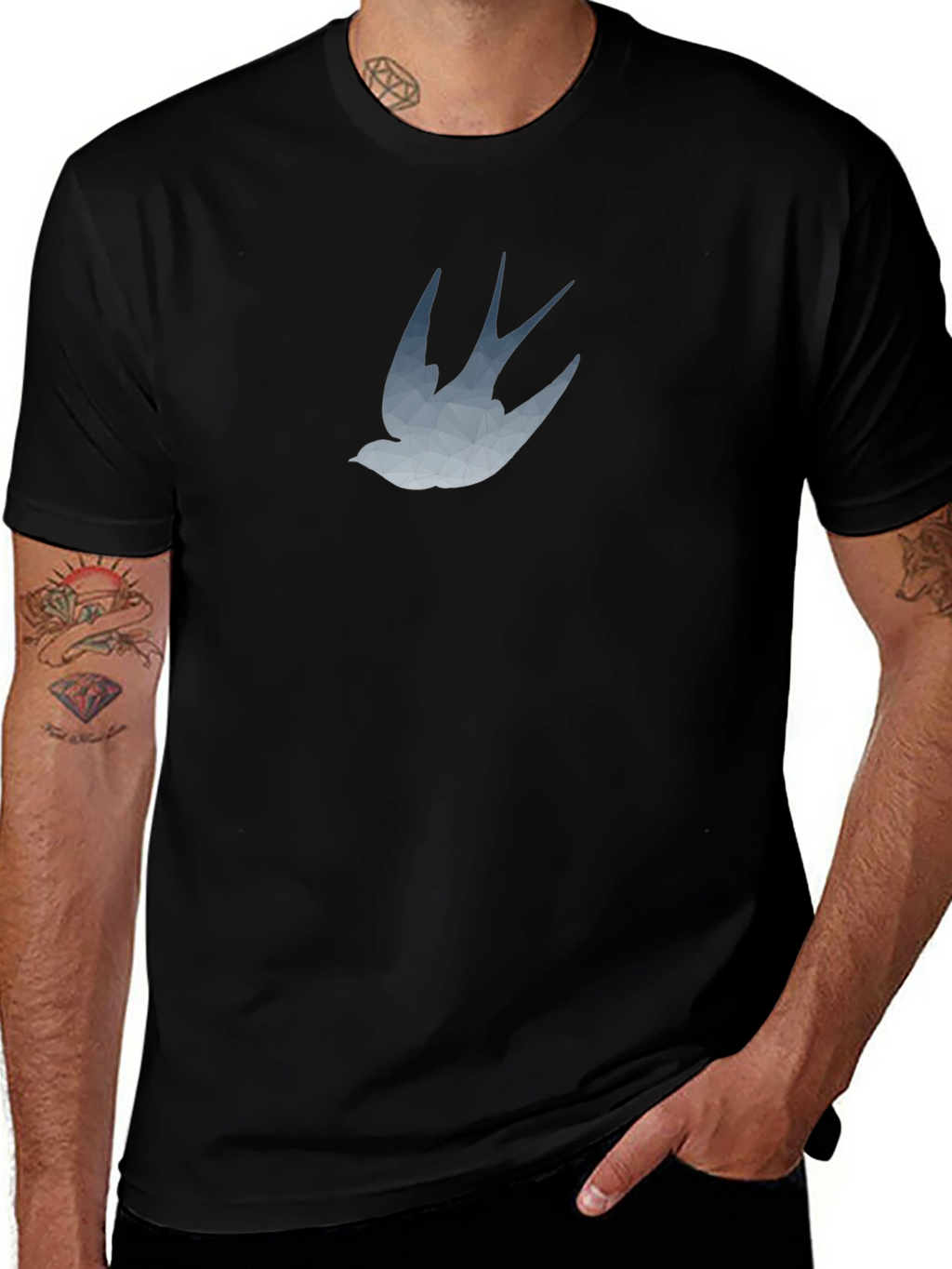 Stylish Black T-Shirt with Swallow Graphic Print