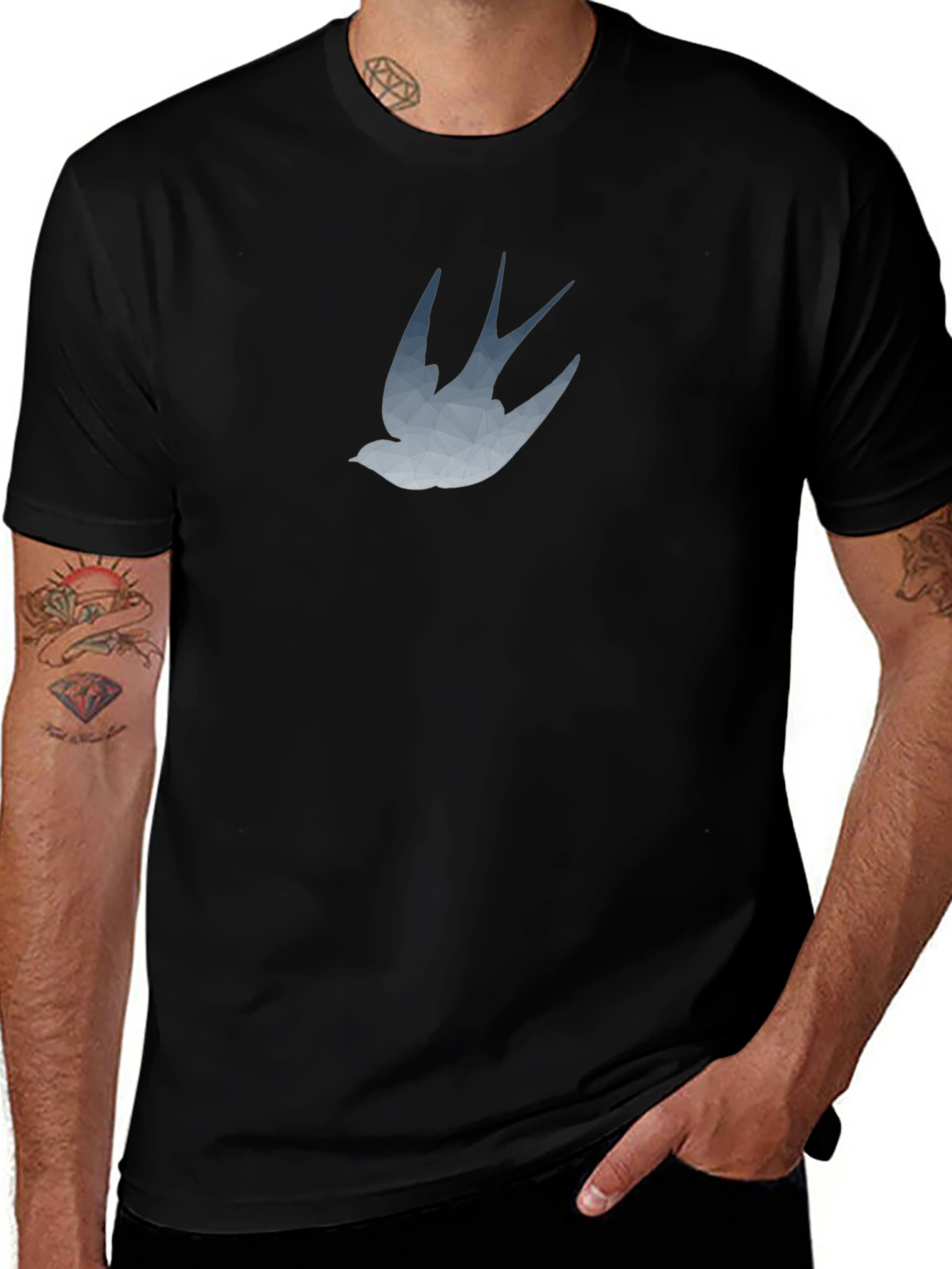Stylish Black T-Shirt with Swallow Graphic Print