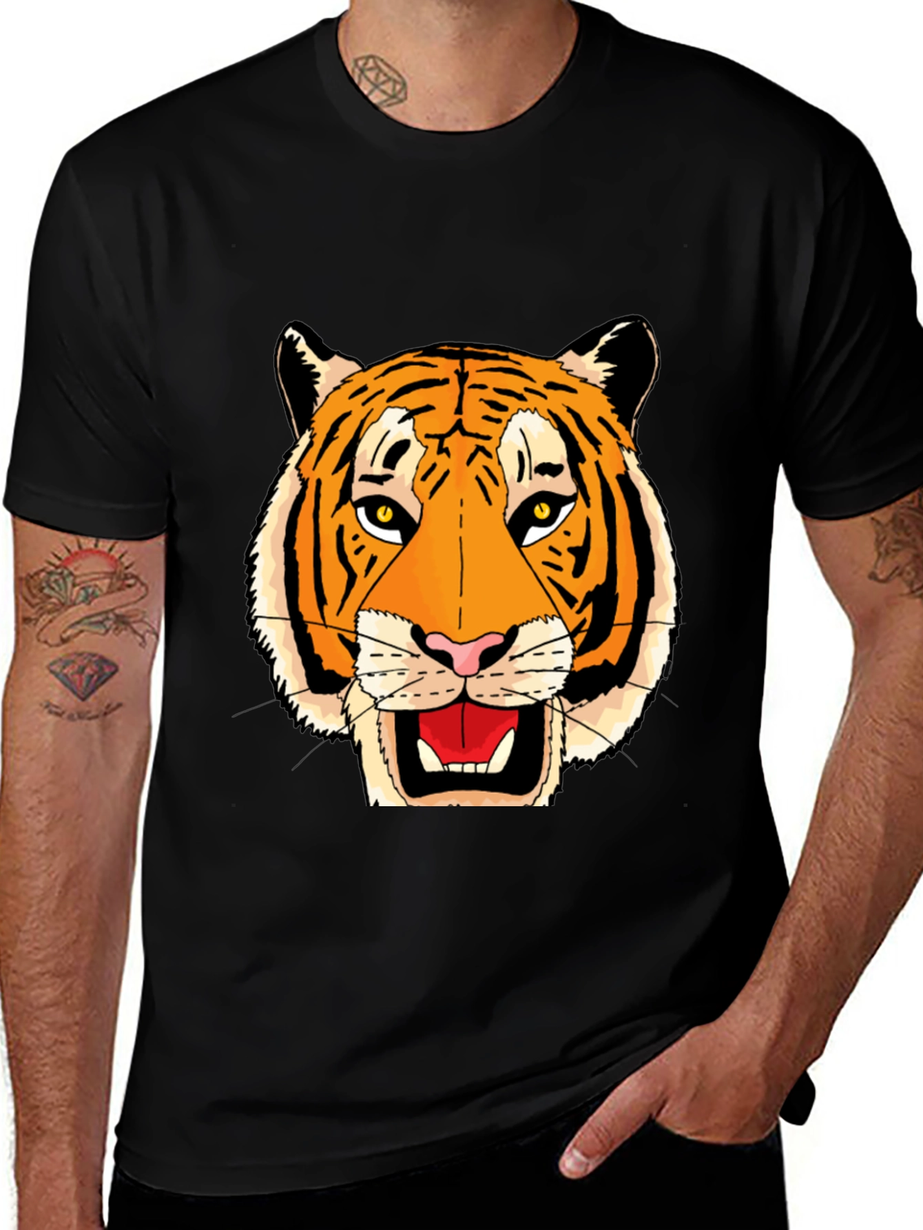 Black T-Shirt with Bold Tiger Face Graphic