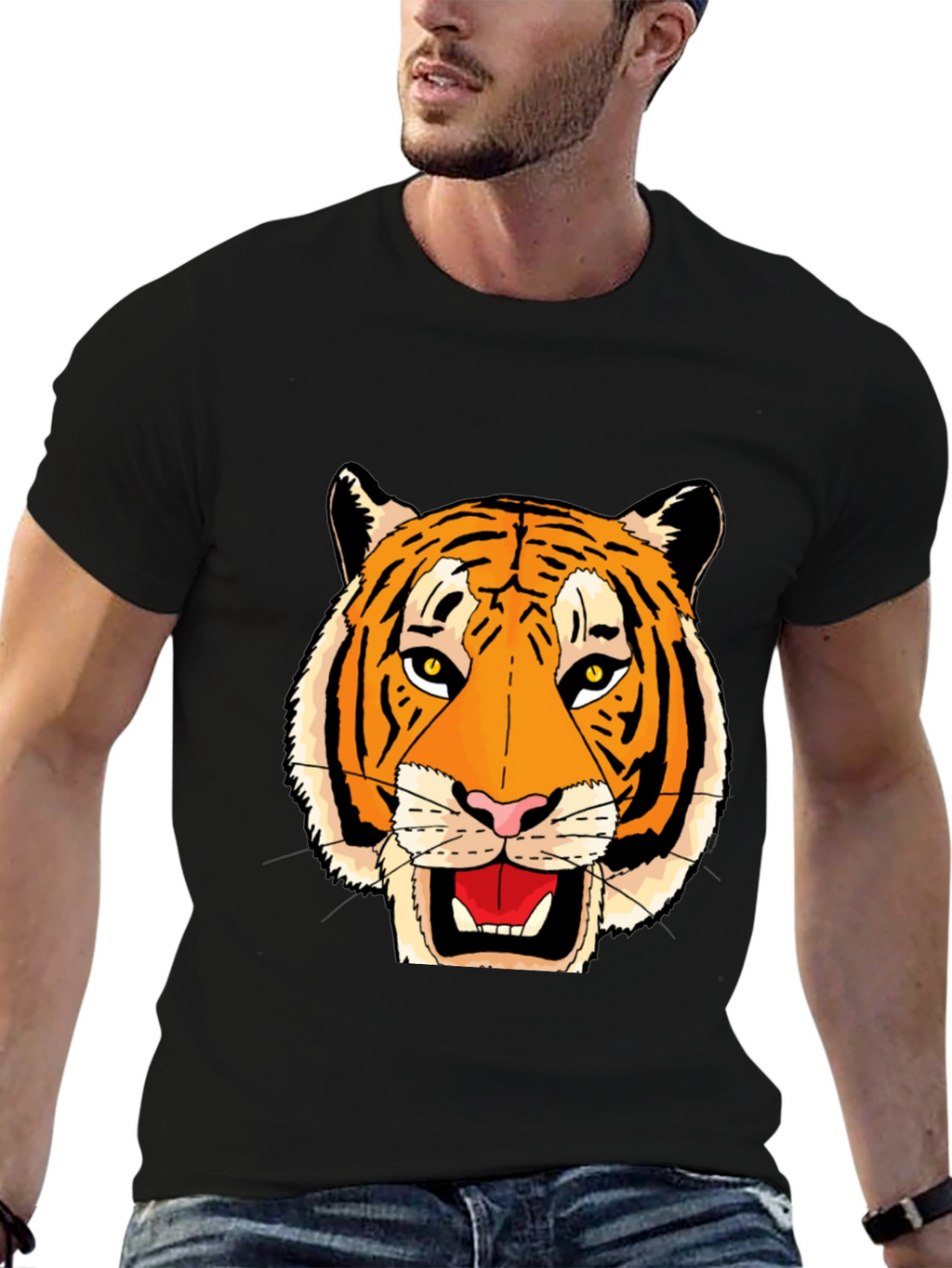 Black T-Shirt with Bold Tiger Face Graphic