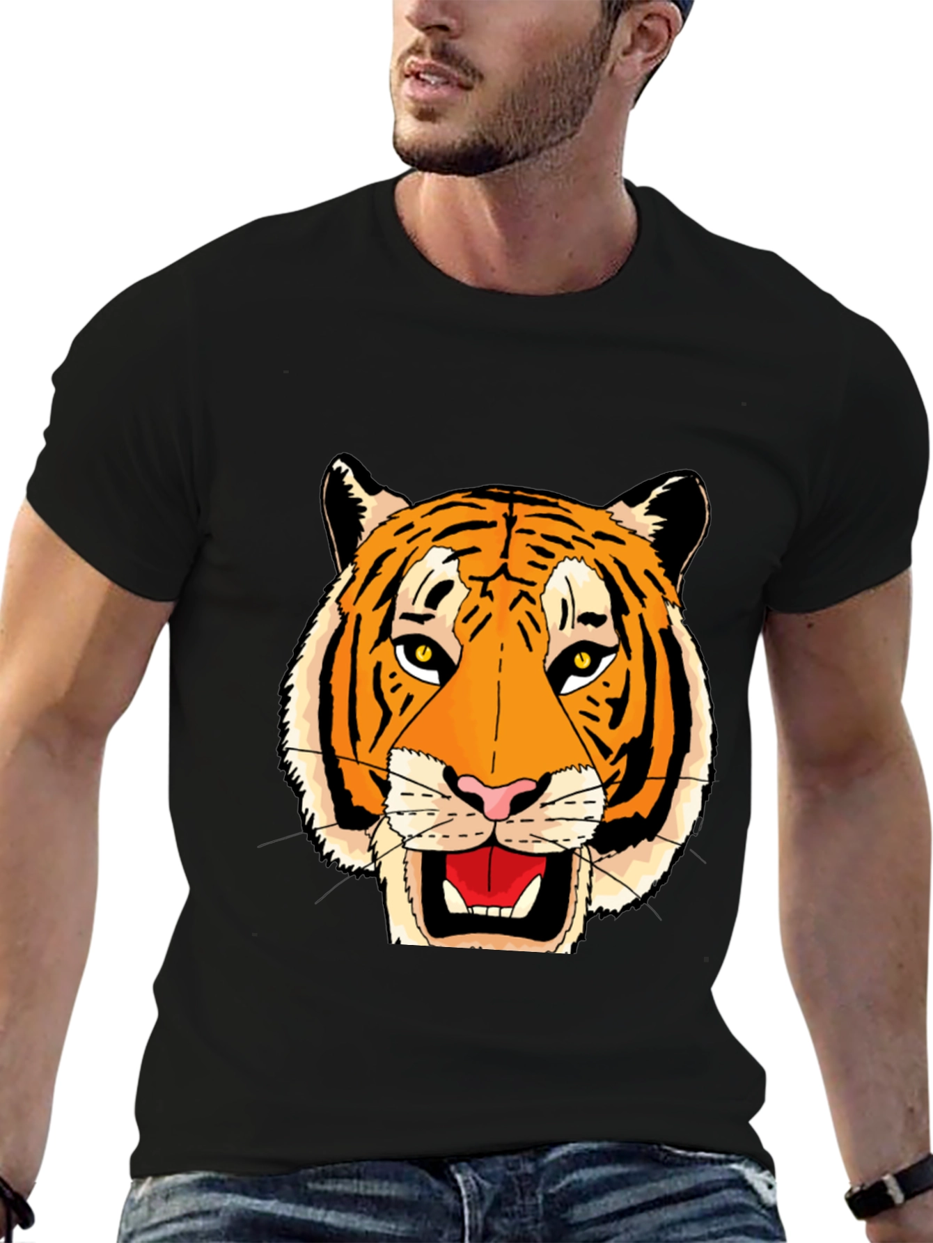 Black T-Shirt with Bold Tiger Face Graphic