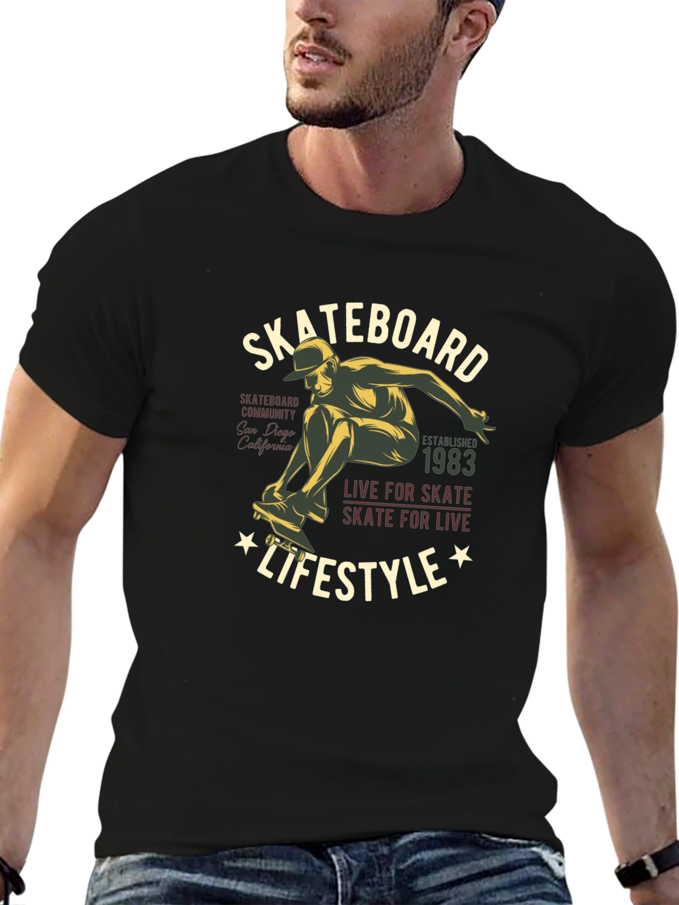 Skateboard Lifestyle Graphic Tee - Black Cotton T-Shirt