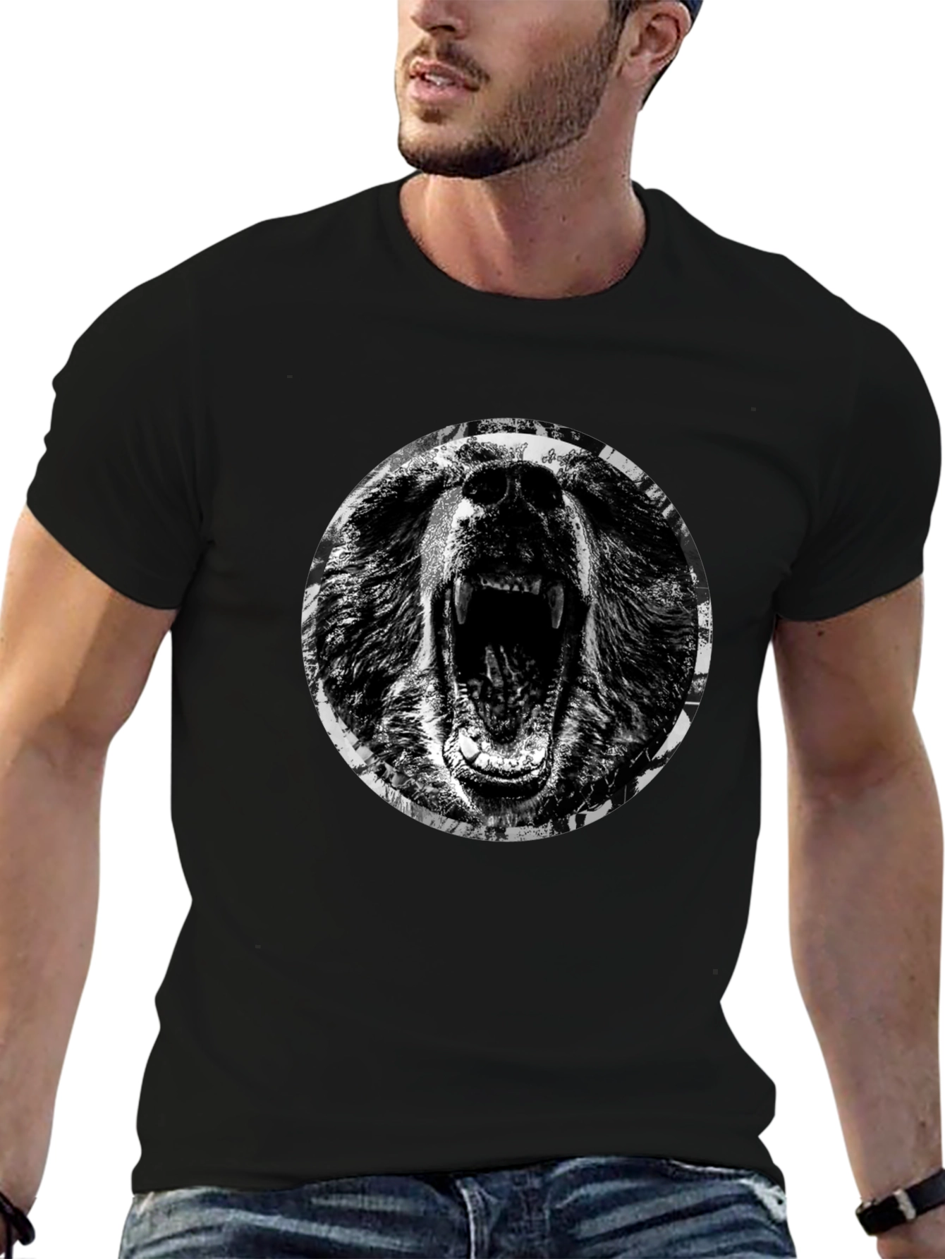 Roaring Bear Graphic T-Shirt - Black Cotton Tee