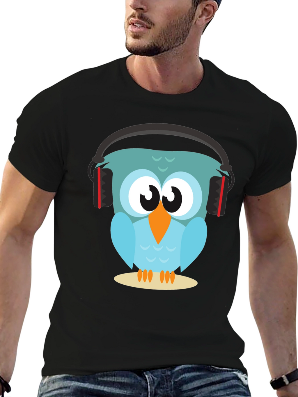 Owl With Headphones Graphic Tee - Black