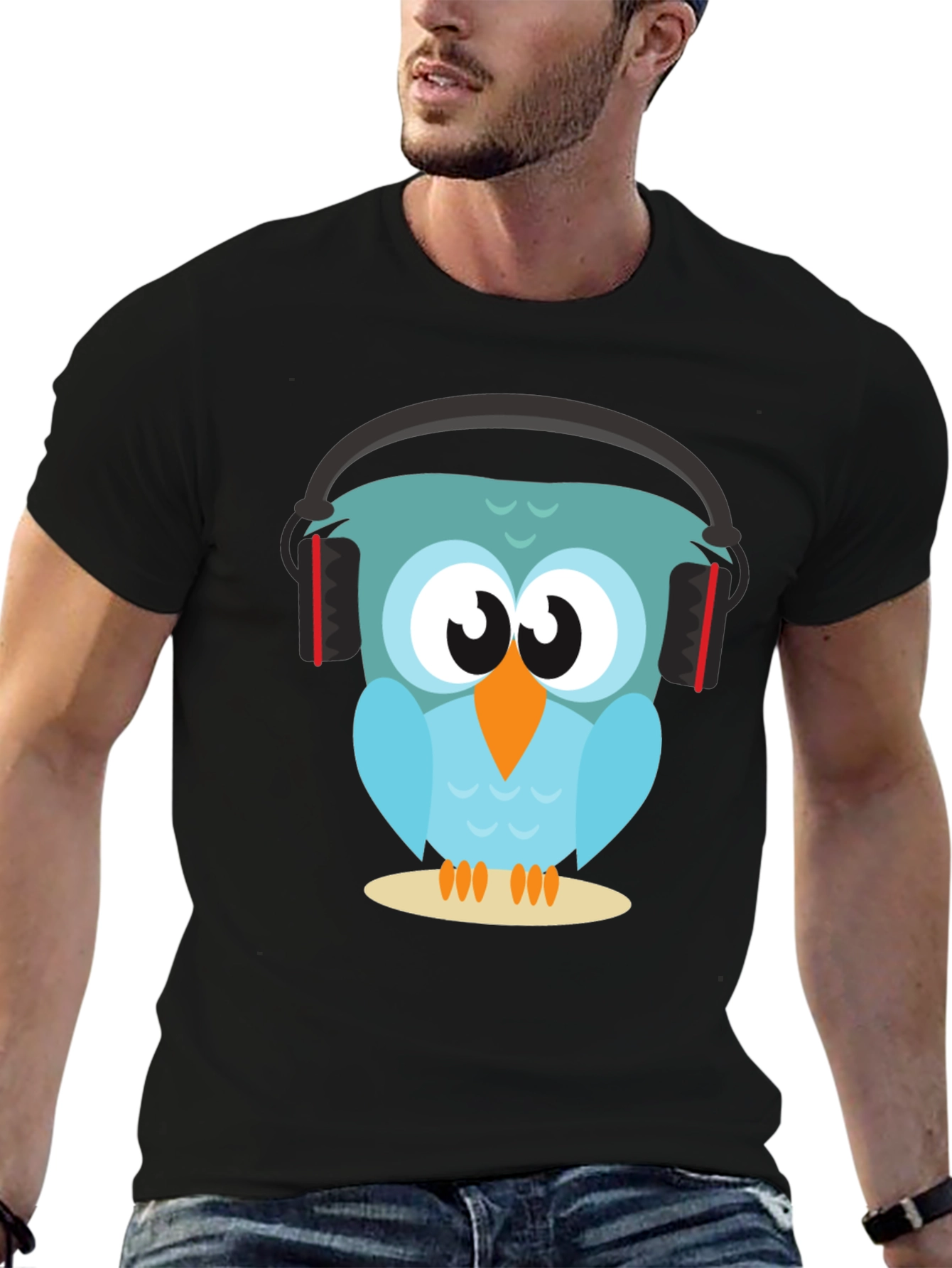 Owl With Headphones Graphic Tee - Black